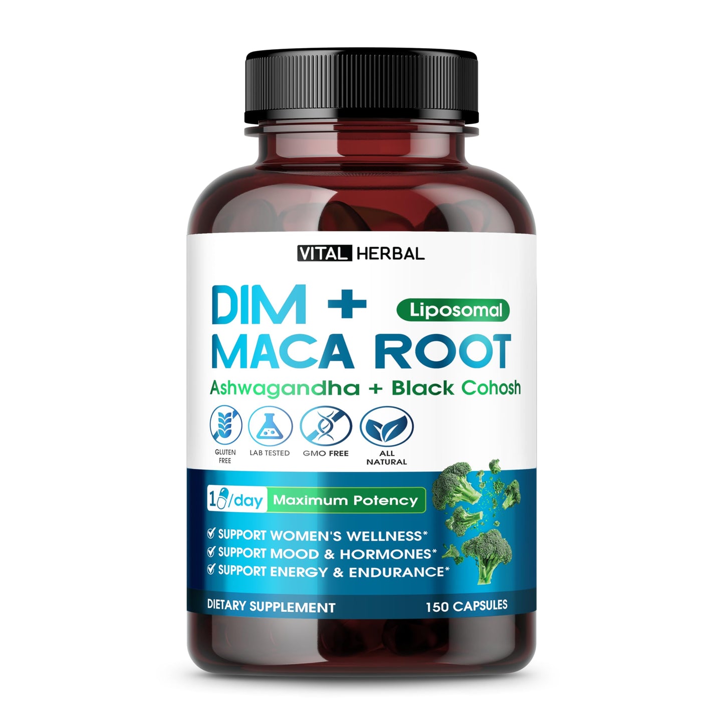 VITAL HERBAL Liposomal DIM Complex with Maca, Ashwagandha & Fenugreek – Supports Women's Wellness & Energy Balance, Capsules, 150 Count