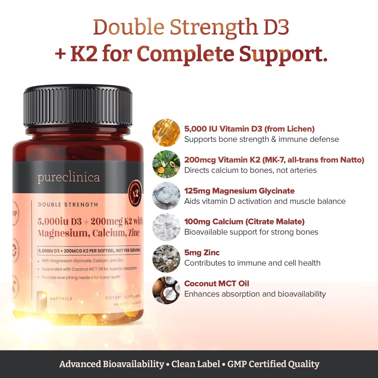pureclinica Double Strength D3 + K2 Complex Vegan Softgels 540