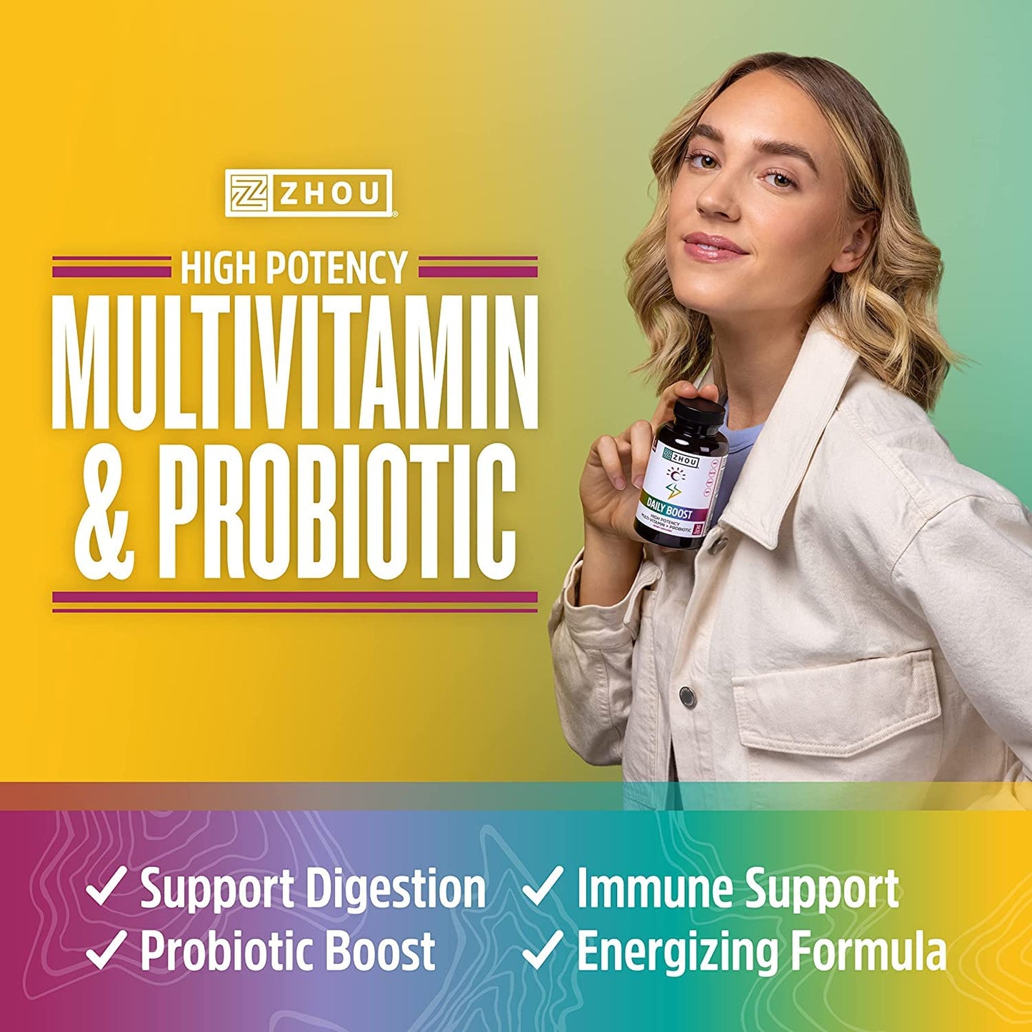 ZHOU Daily Boost Multivitamin with Probiotic, Zinc, Vitamin C, D3, B Complex Capsules, 60 Count