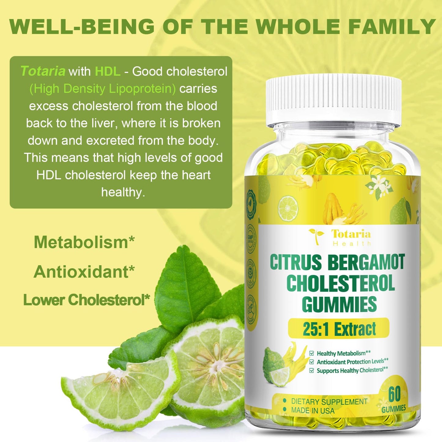 Totaria Sugar Free Citrus Bergamot Gummies - 25:1 Extract from Italian Bergamot, 60 Gummies