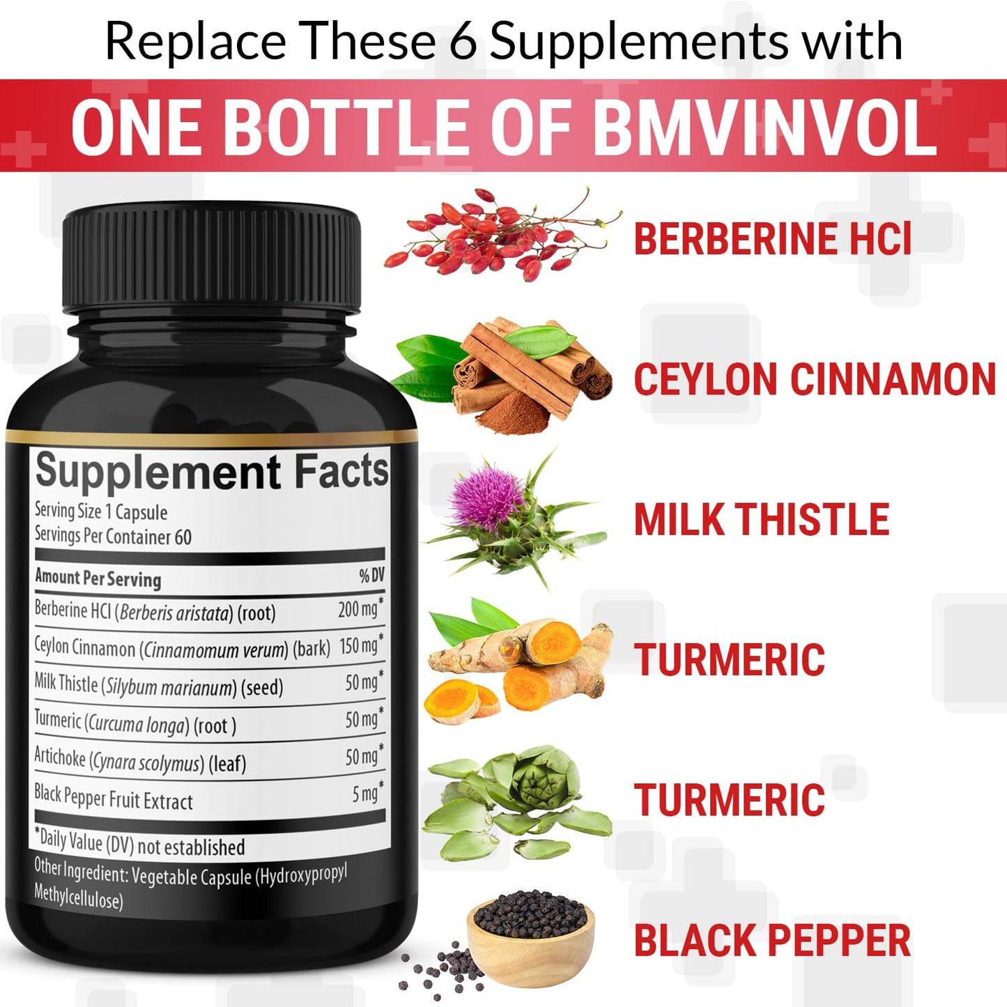 BMVINVOL Berberine Supplement Plus Ceylon Cinnamon and Turmeric 120 Capsules