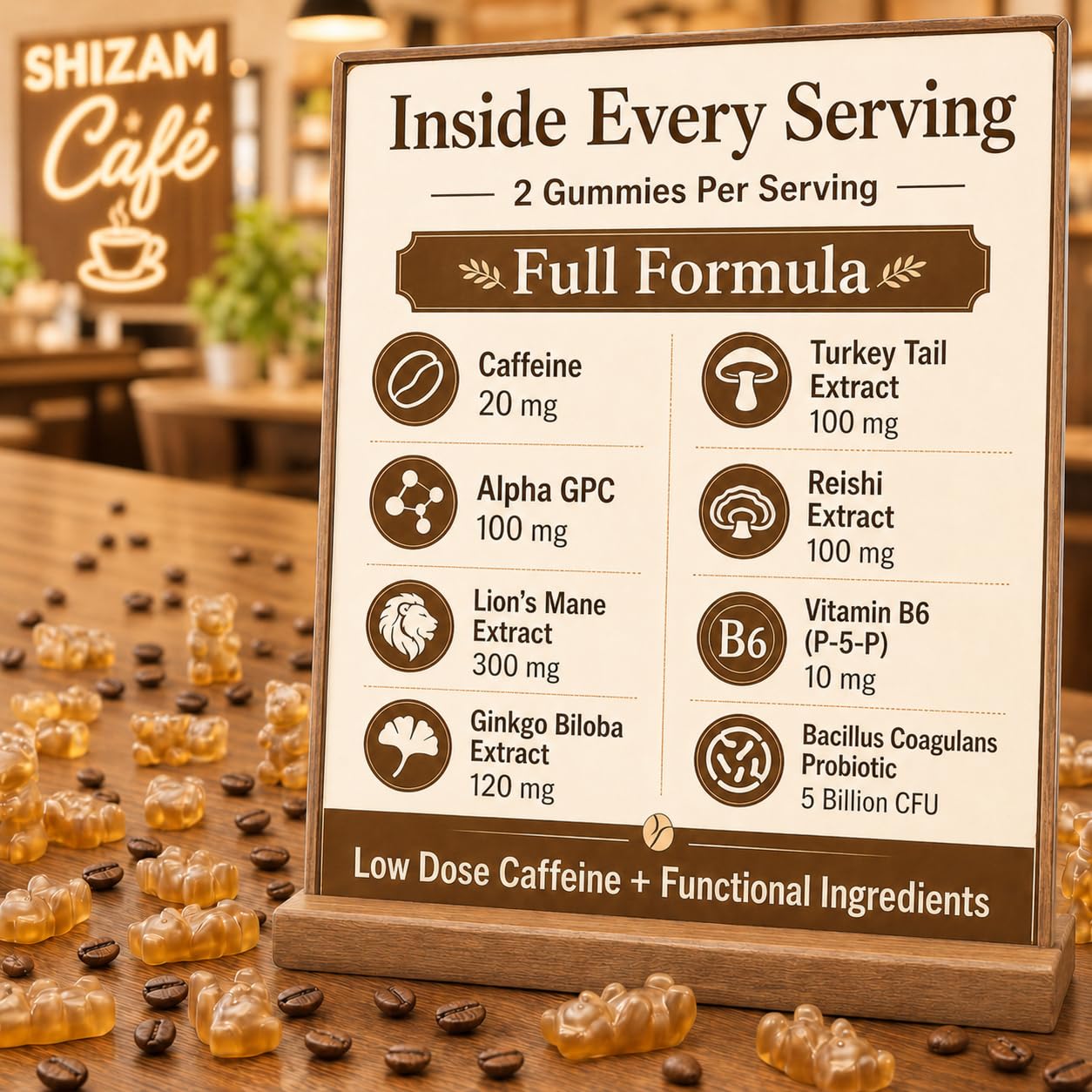 SHIZAM Mushroom Coffee Gummies with Lion’s Mane, Ginkgo Biloba, Alpha GPC & B6 P5P, 60 Count