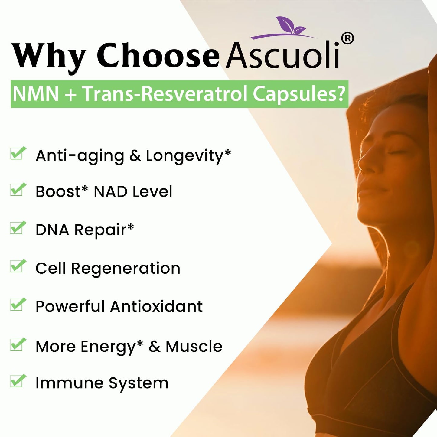 Ascuoli NMN 500mg + Trans-Resveratrol 600mg 1150mg NMN Resveratrol Supplement, 3-in-1 Advanced Formula, Stabilized, Capsules, 120 Count