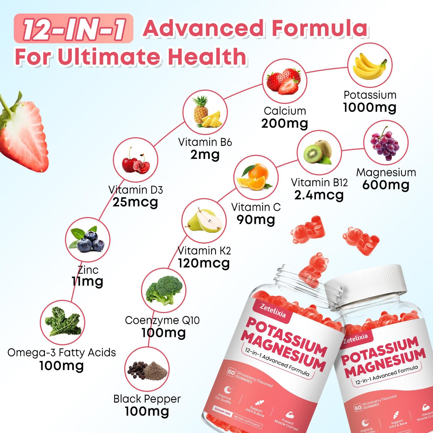 Zetelixia Potassium Magnesium Supplement Gummies 120 Count