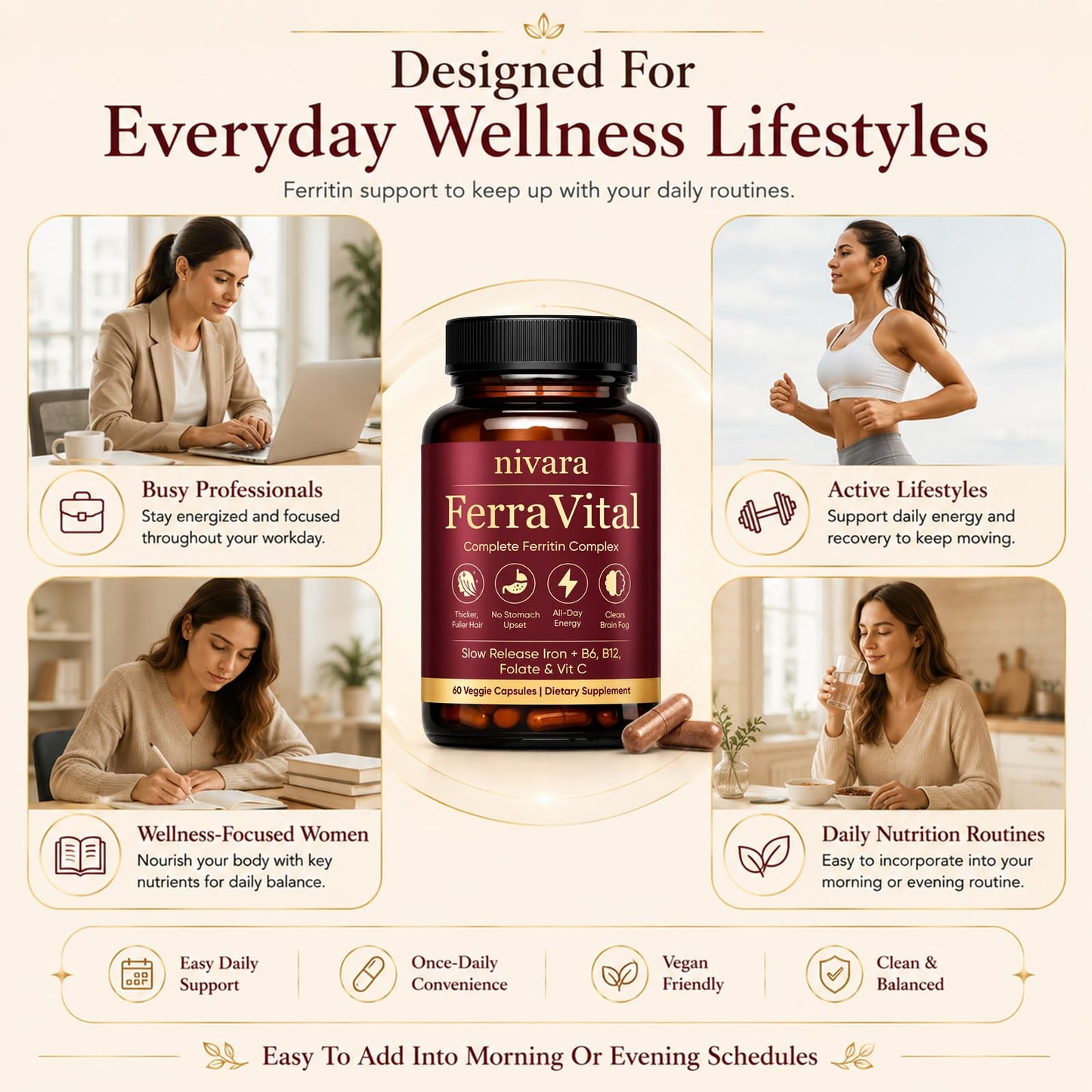 DXWXH Nivara Ferravital Ferritin Supplement for Women, Promotes Healthy Hair Growth, Boosts Energy, and Replenishes Ferritin with Ferrous Glycinate, Vitamin C, B6 & B12, 60 Capsules