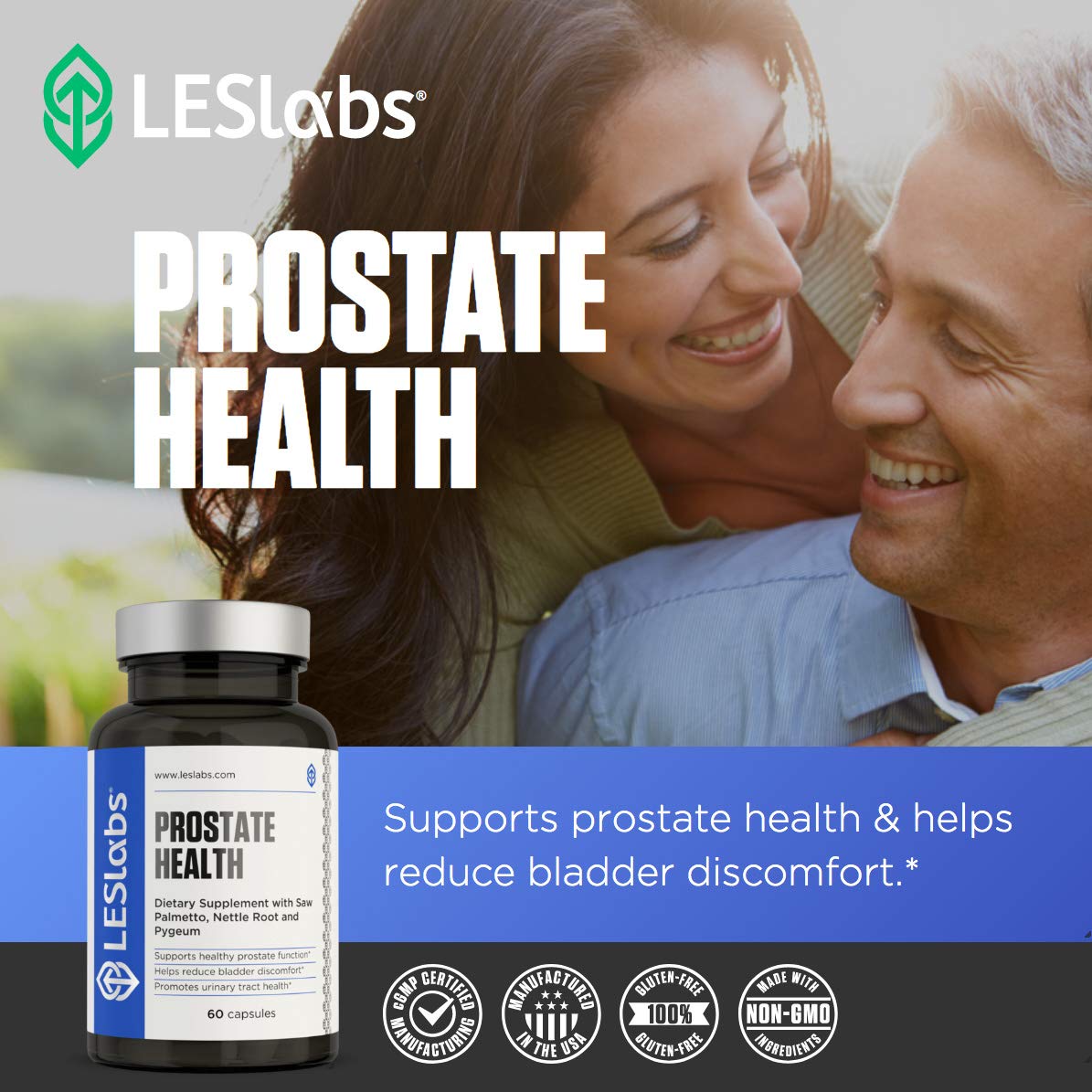 LES Labs Prostate Health Prostate Support, Urinary Tract Health, Fewer Bathroom Visits & Improved Sleep, Saw Palmetto, Pygeum, Beta Sitosterol & Nettle Root, Non-GMO, 60 Capsules