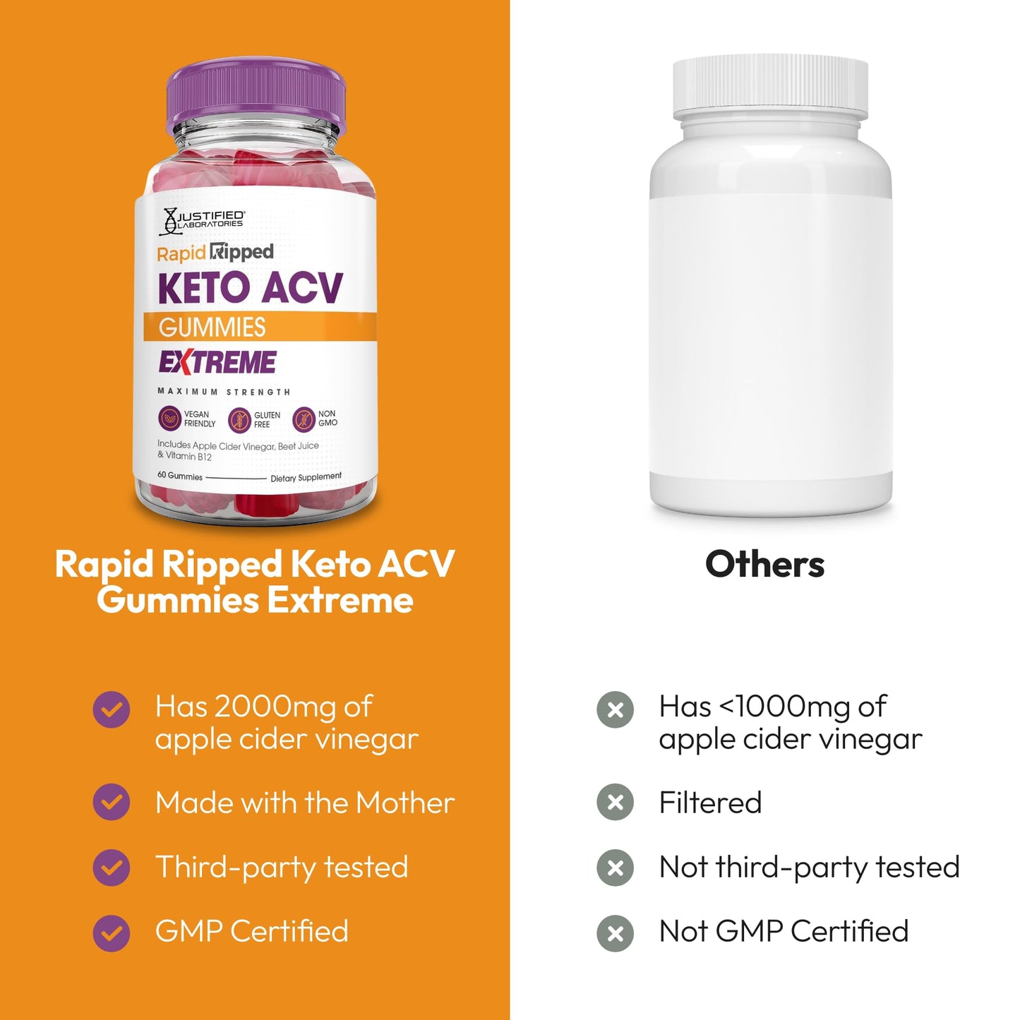 Justified Laboratories Rapid Ripped Keto ACV Gummies Extreme (2000 mg) - 120 Gummies
