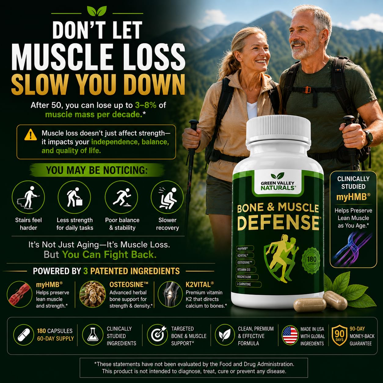 Green Valley Naturals Bone & Muscle Defense Supplement with 1,500 mg myHMB® (HMB) Calcium Blend, K2VITAL® Delta & OsteoSine™ | Bone Density, Muscle Strength & Mobility | Men & Women 50+ | 180 Capsules