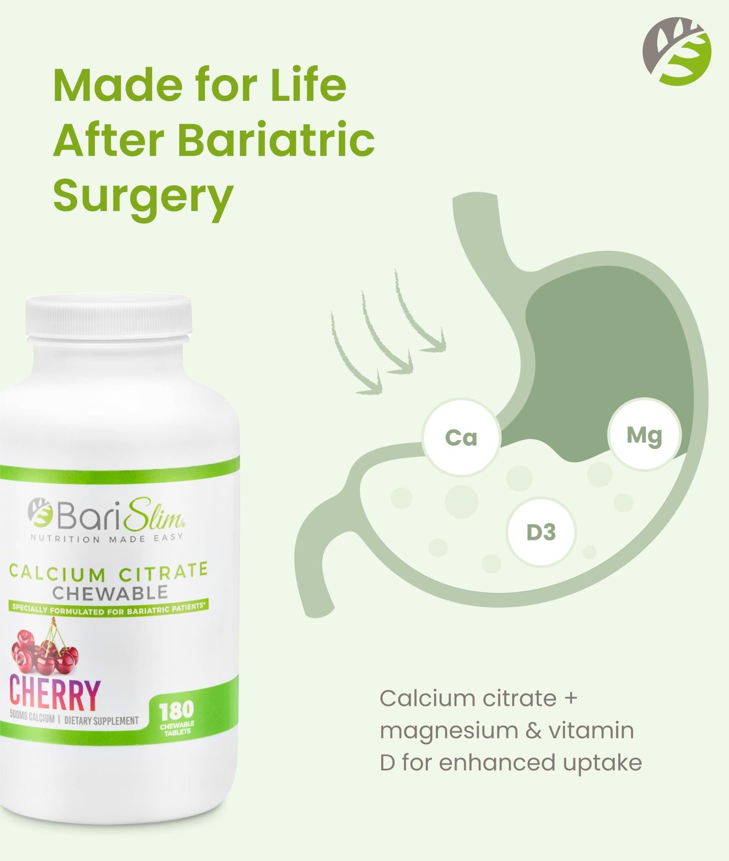 BariSlim Bariatric Calcium Citrate 500mg with Magnesium Citrate & Vitamin D Tablets, 180 Count