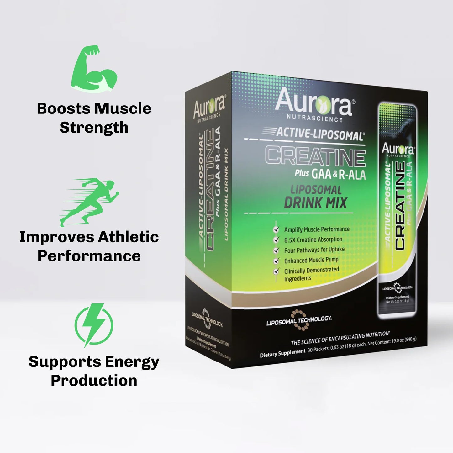 Vida Lifescience Aurora Nutrascience Active Liposomal Creatine Monohydrate GAA & R-ALA Powder, 30 Single-Serve Packets