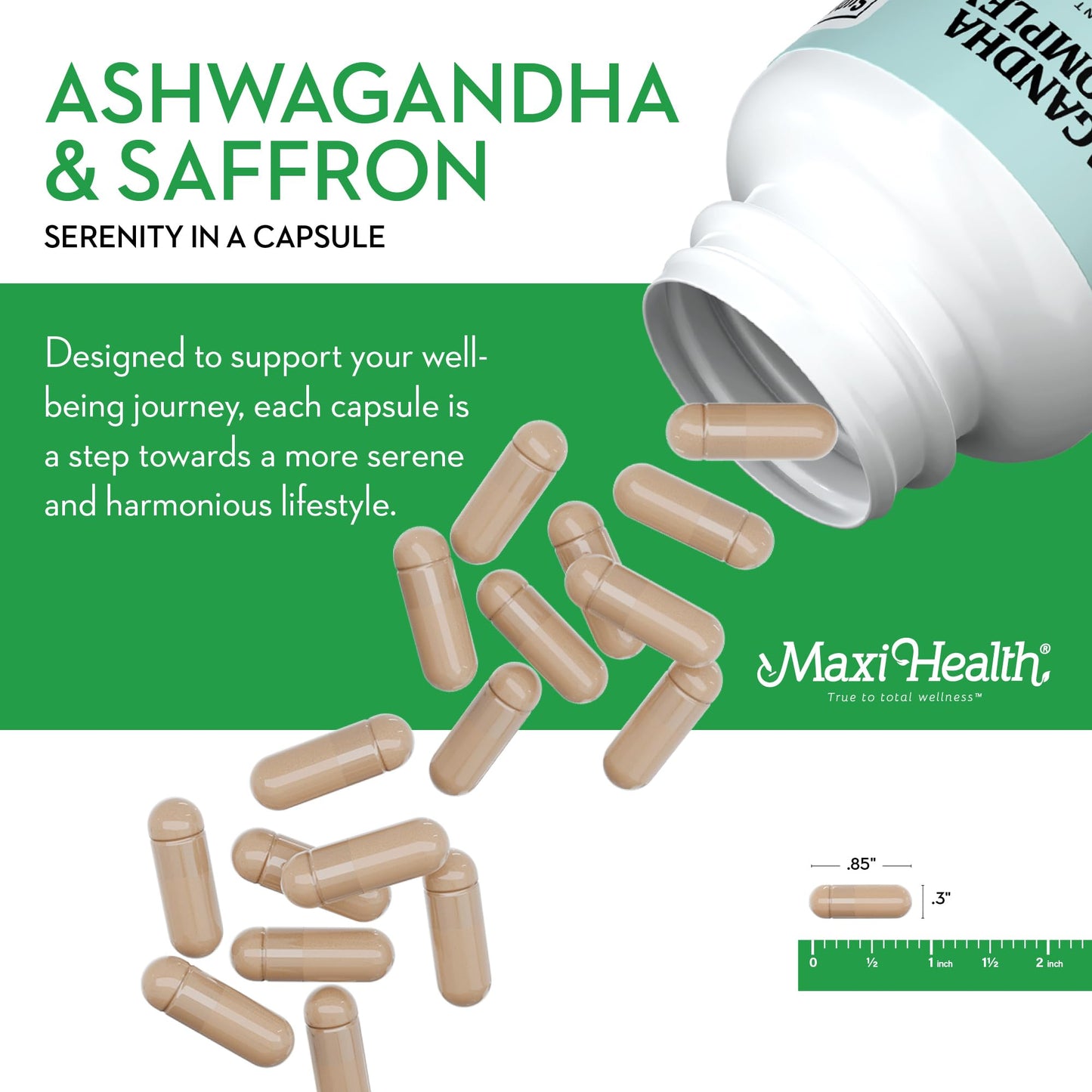 Maxi Health Ashwagandha Complex with Saffron 600mg Capsules, 60 Count