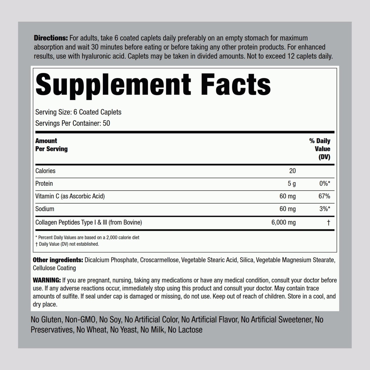 Piping Rock Collagen Peptides Plus Vitamin C Caplets 6000mg, 300 Count