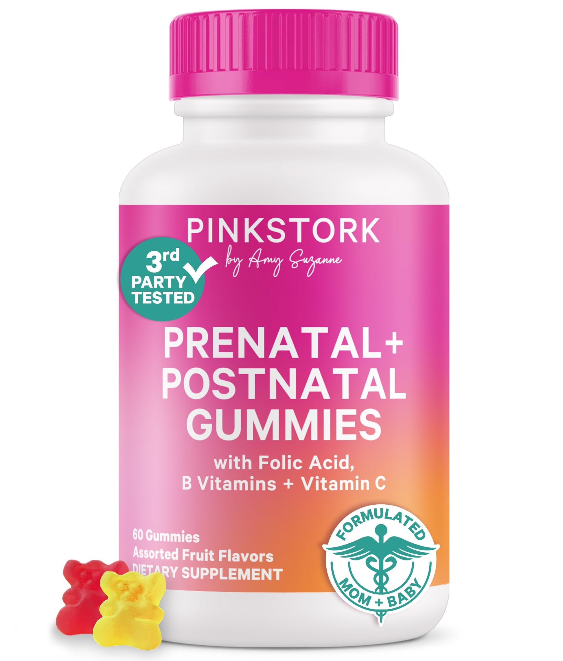 Pink Stork Fertility + Prenatal + Postnatal Gummy Vitamins – Full Motherhood Journey Support – Multivitamin with Folate, B Vitamins, Zinc & Biotin – Postpartum Essentials, 60 Gummies