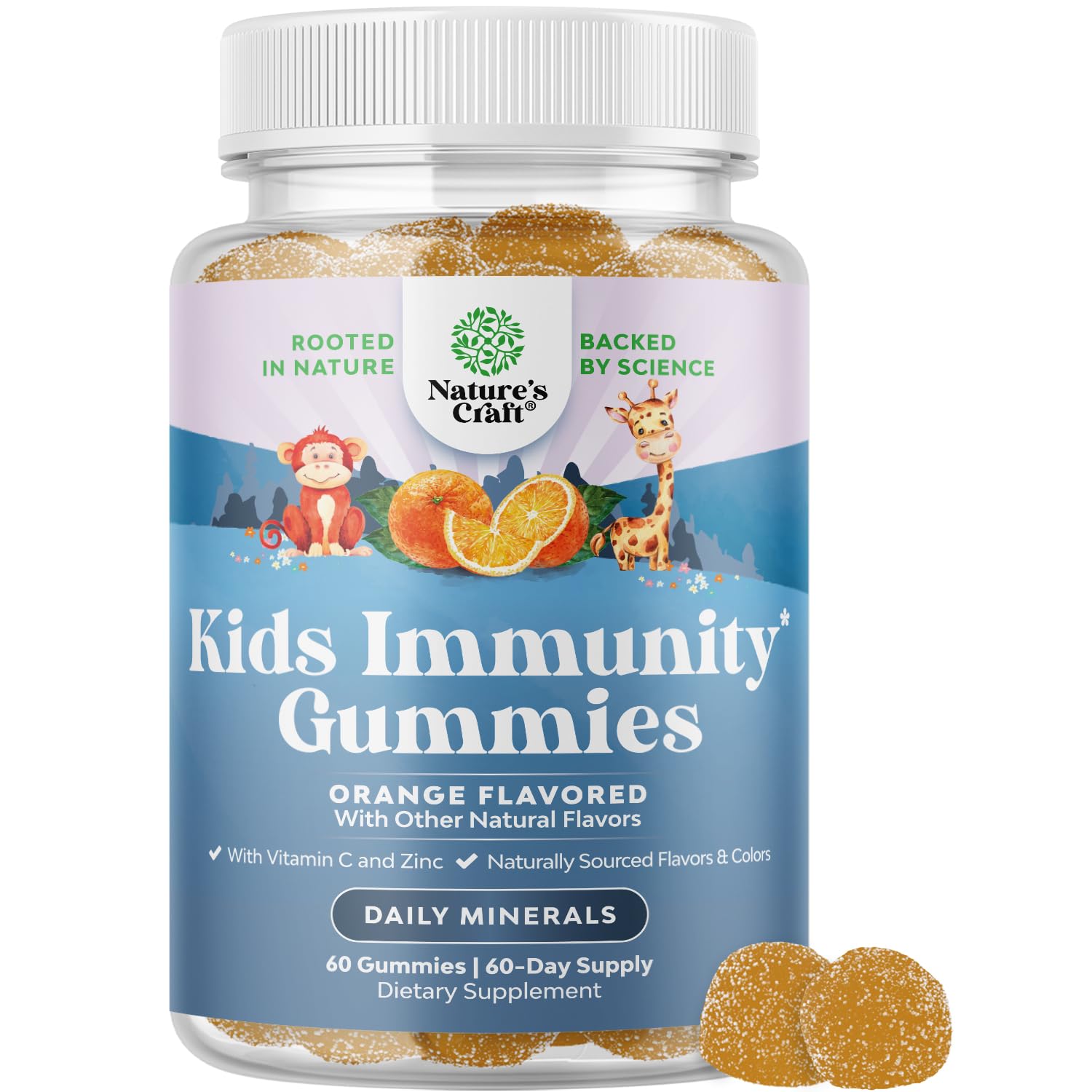 Natures Craft Kids Immunity Support Gummy Vitamin C with Zinc and Echinacea Immune Booster, Vegan Gluten Free & Gelatin Free Chewable, 60 Count