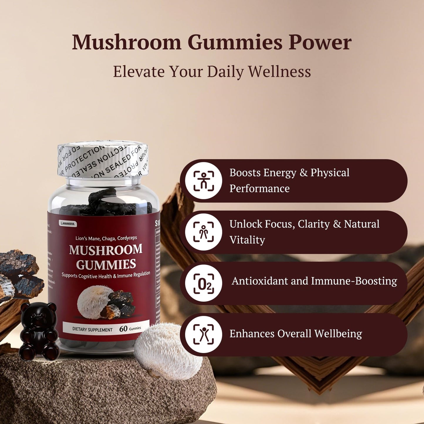 LAVANOVA Effective Mushroom Gummies with Lion’s Mane, Chaga & Cordyceps - Focus, Clarity, Energy & Immune Support - Nootropic Mushroom Supplement for Adults, 60 Gummies