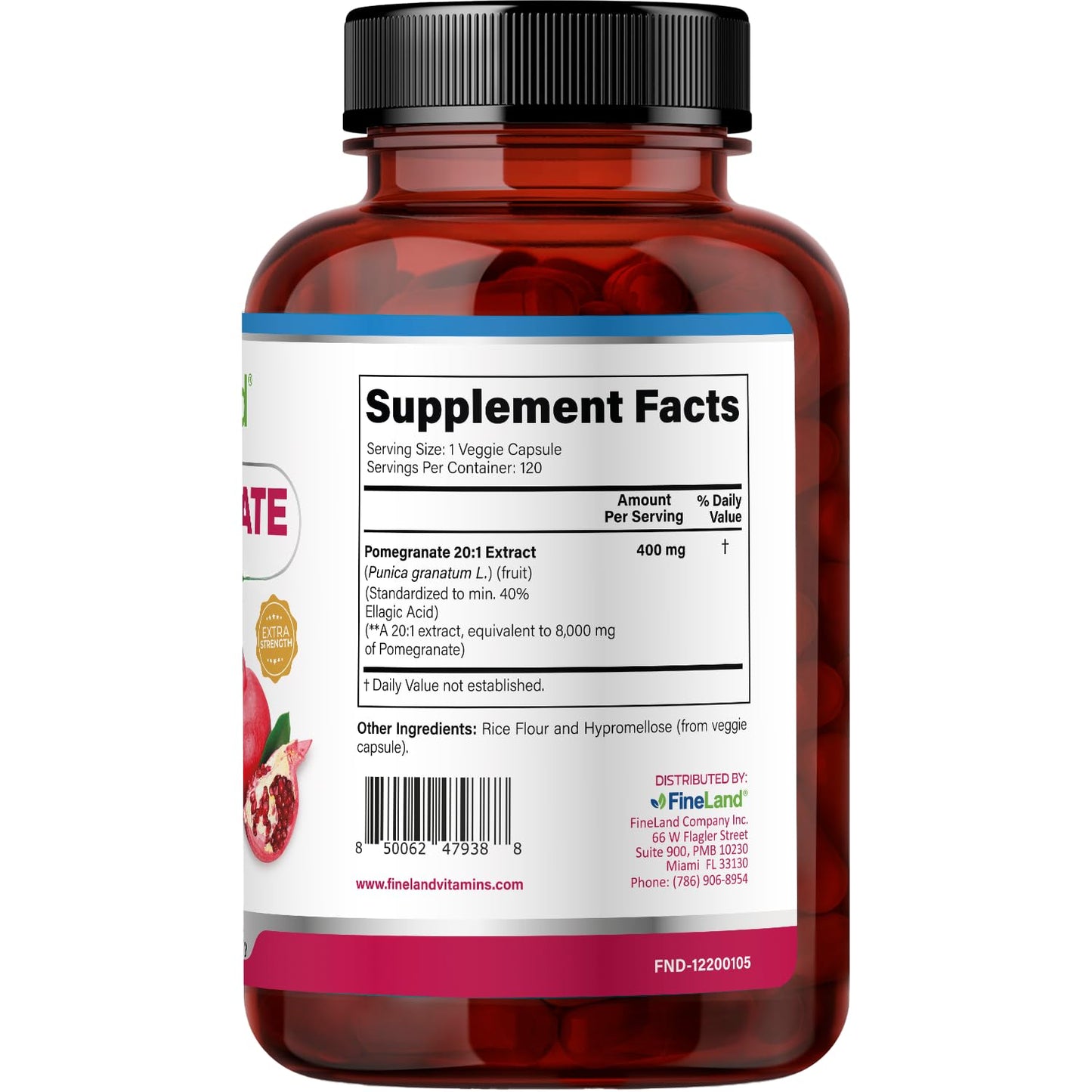 FineLand Pomegranate Extract 20:1, 40% Ellagic Acid Standardized Antioxidant Supplement Capsules, 120 Count
