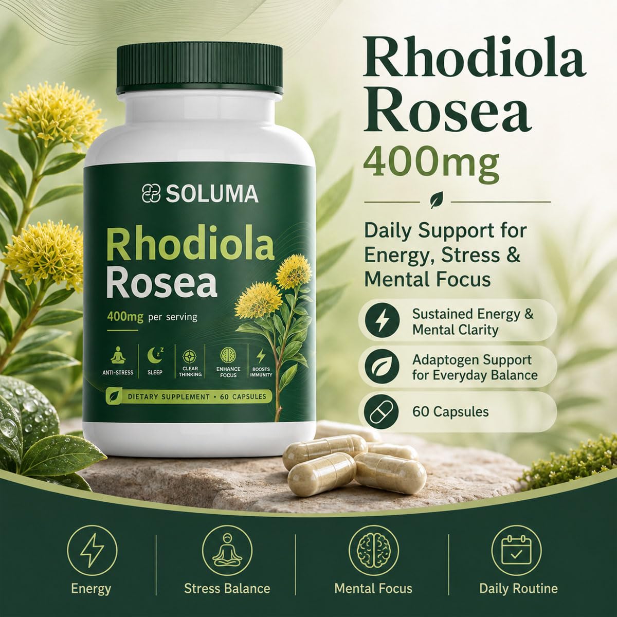 Soluma Rhodiola Rosea Organic Adaptogen Supplement with Bioperine, Energy, Stress & Mental Focus Support, 60 Capsules