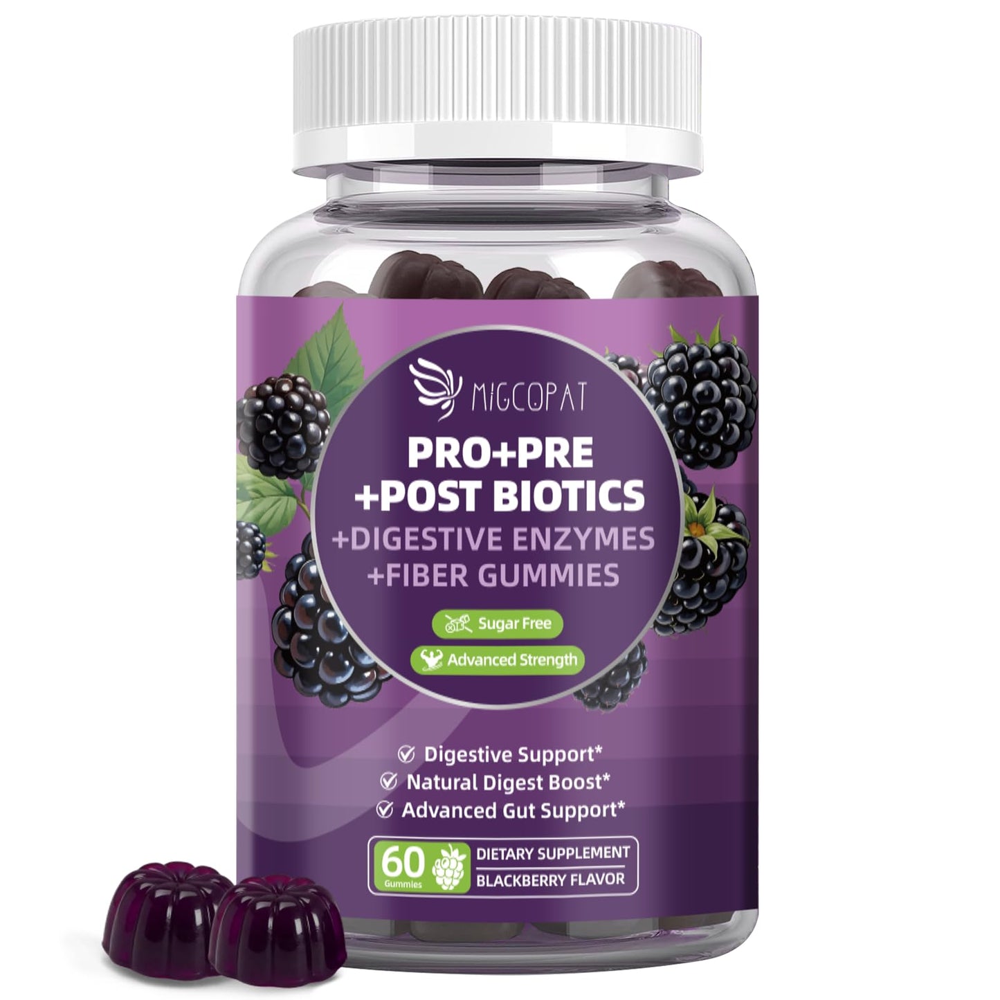 Migcopat Pre Post Probiotics Gummies, Probiotic Prebiotic Postbiotic Digestive Enzymes with Fiber, 120 Billion CFU Probiotics Complete Gut Support, Sugar Free, Vegan, BlackBerry Flavor, 60 Count