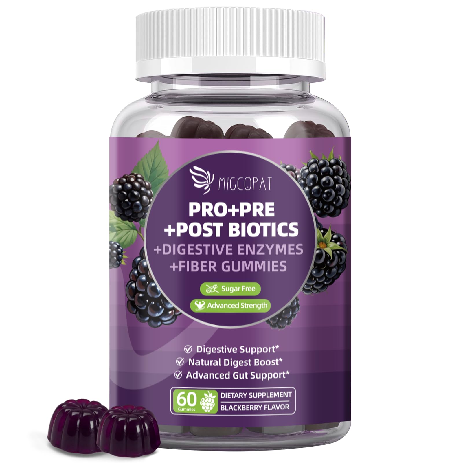 Migcopat Pre Post Probiotics Gummies, Probiotic Prebiotic Postbiotic Digestive Enzymes with Fiber, 120 Billion CFU Probiotics Complete Gut Support, Sugar Free, Vegan, BlackBerry Flavor, 60 Count
