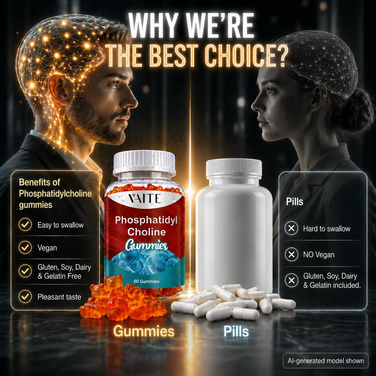 VAITE Phosphatidylcholine Gummies 600 mg Sunflower Lecithin 5-in-1 Choline Complex with Alpha GPC 150 mg, Phosphatidylserine 100 mg, Inositol 100 mg & Choline Bitartrate 50 mg for Daily Focus, 60 Gummies