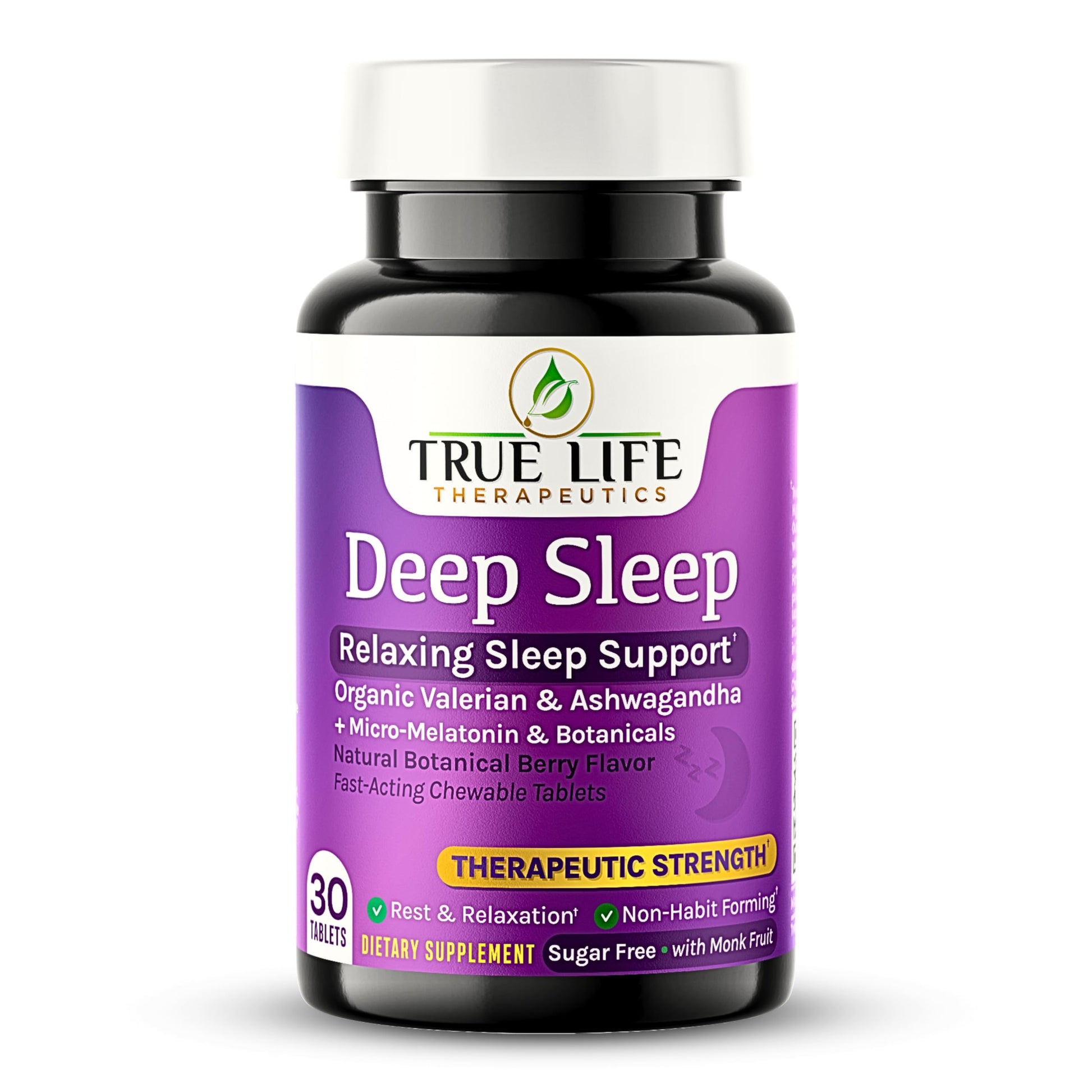 True Life Therapeutics Powerful Sleep Support with Valerian Root, Ashwagandha, Melatonin & Botanical Terpenes, Chewable Tablets, 30 Count