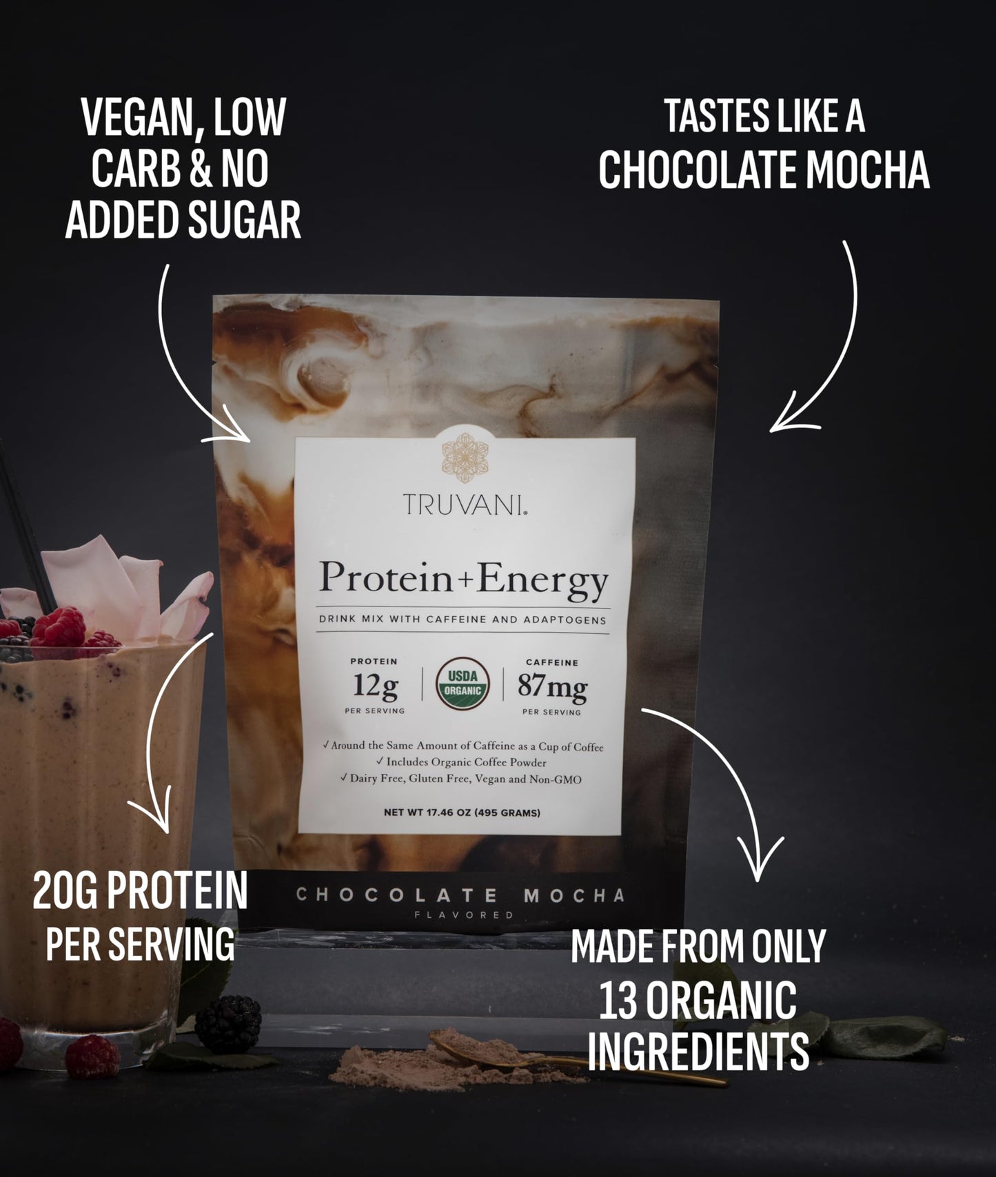 Truvani Protein + Energy Chocolate Mocha Powder, 20 Servings