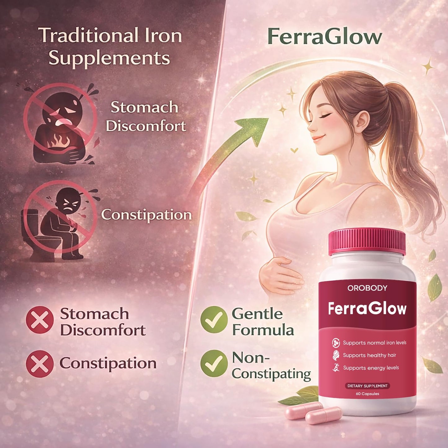 FERRAGLOW Daily Iron Gummy Supplement for Women with Iron Bisglycinate, Lactoferrin, Vitamin C & B12, Supports Energy and Hair & Skin Wellness, 60 Gummies
