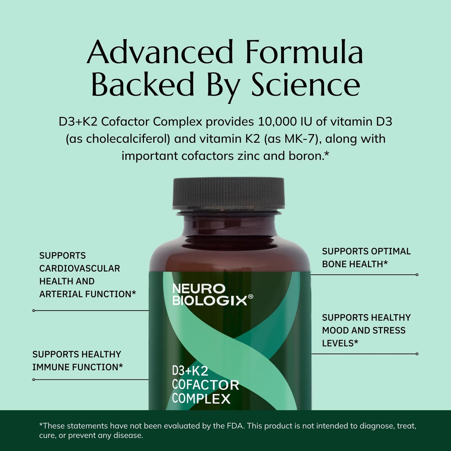 Neurobiologix Vitamin D3 + K2 Cofactor Complex, High Potency 10,000 IU, MK-7, Zinc & Boron, 60 Capsules