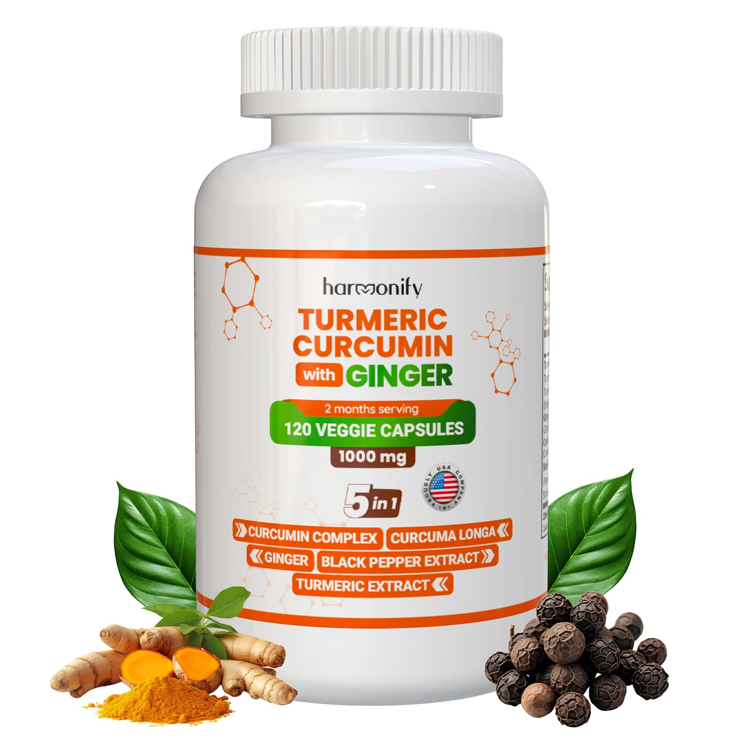 HARMONIFY Turmeric Curcumin Supplement with Ginger, Ceylon Cinnamon and Black Pepper Complex 5 in 1 Formula, Curcuma Longa, Max Absorption, 1000 mg, 120 Capsules
