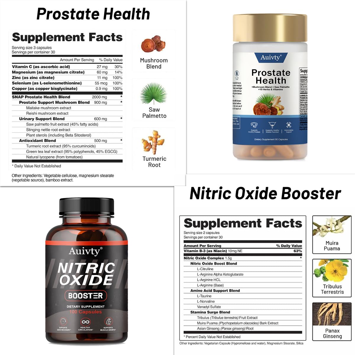 Auivty Prostate Health and Nitric Oxide Booster Bundle with Saw Palmetto Mushroom Blend, 190 Capsules