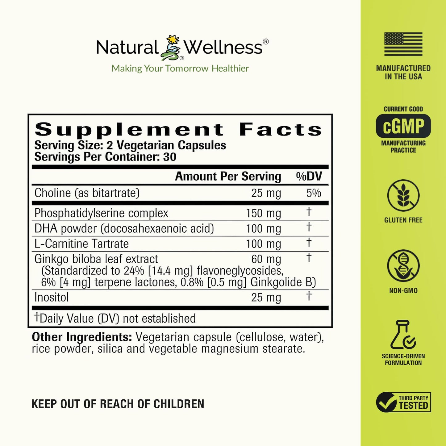 Natural Wellness Brain Support Cognitive Supplement, 1 Capsule