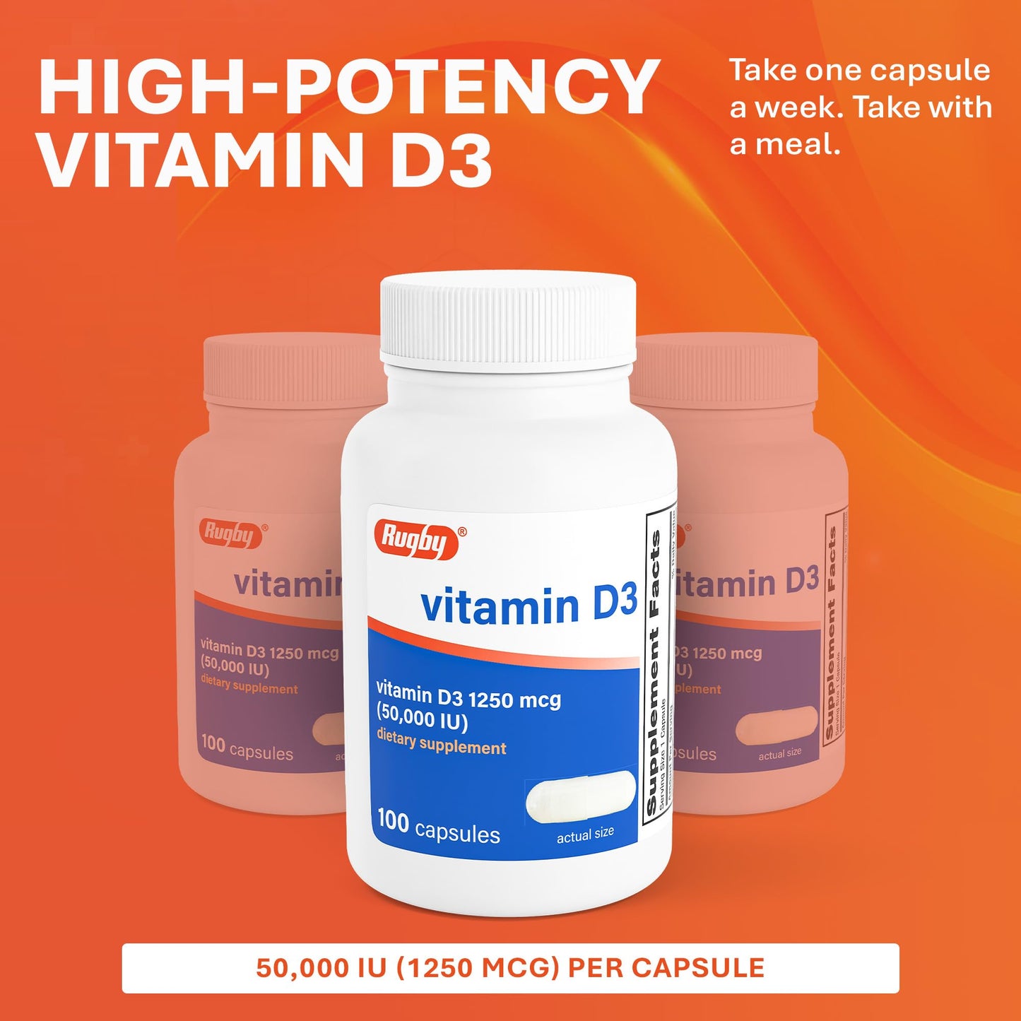 Rugby Laboratories Vitamin D3 50,000 IU (1250 mcg) High-Potency Vitamin D Supplement for Bone, Teeth, and Immune Health, 100 Capsules