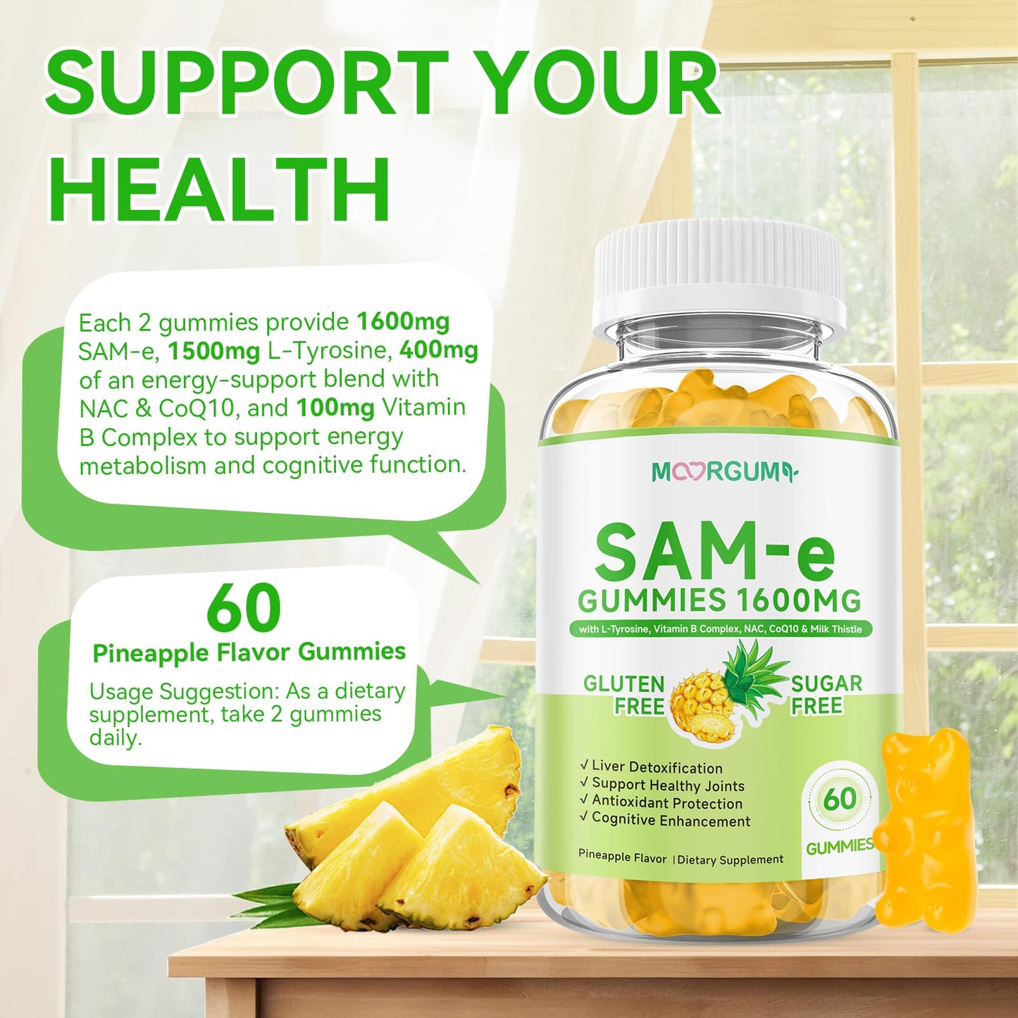 MOORGUMY SAM-e L-Tyrosine with NAC, CoQ10 & Vitamin B Complex Gummies, 60 Gummies