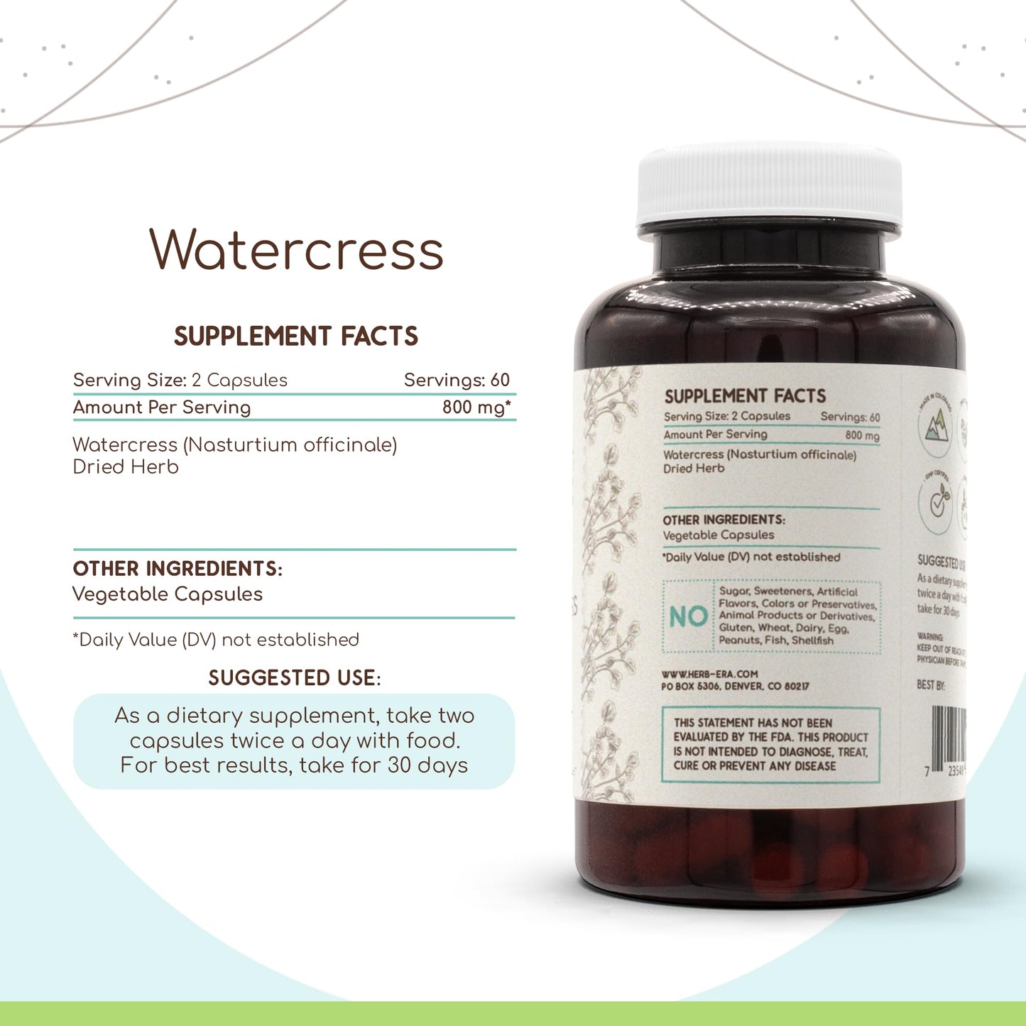 HerbEra Watercress 800 mg Dried Herb Capsule, 120 Count