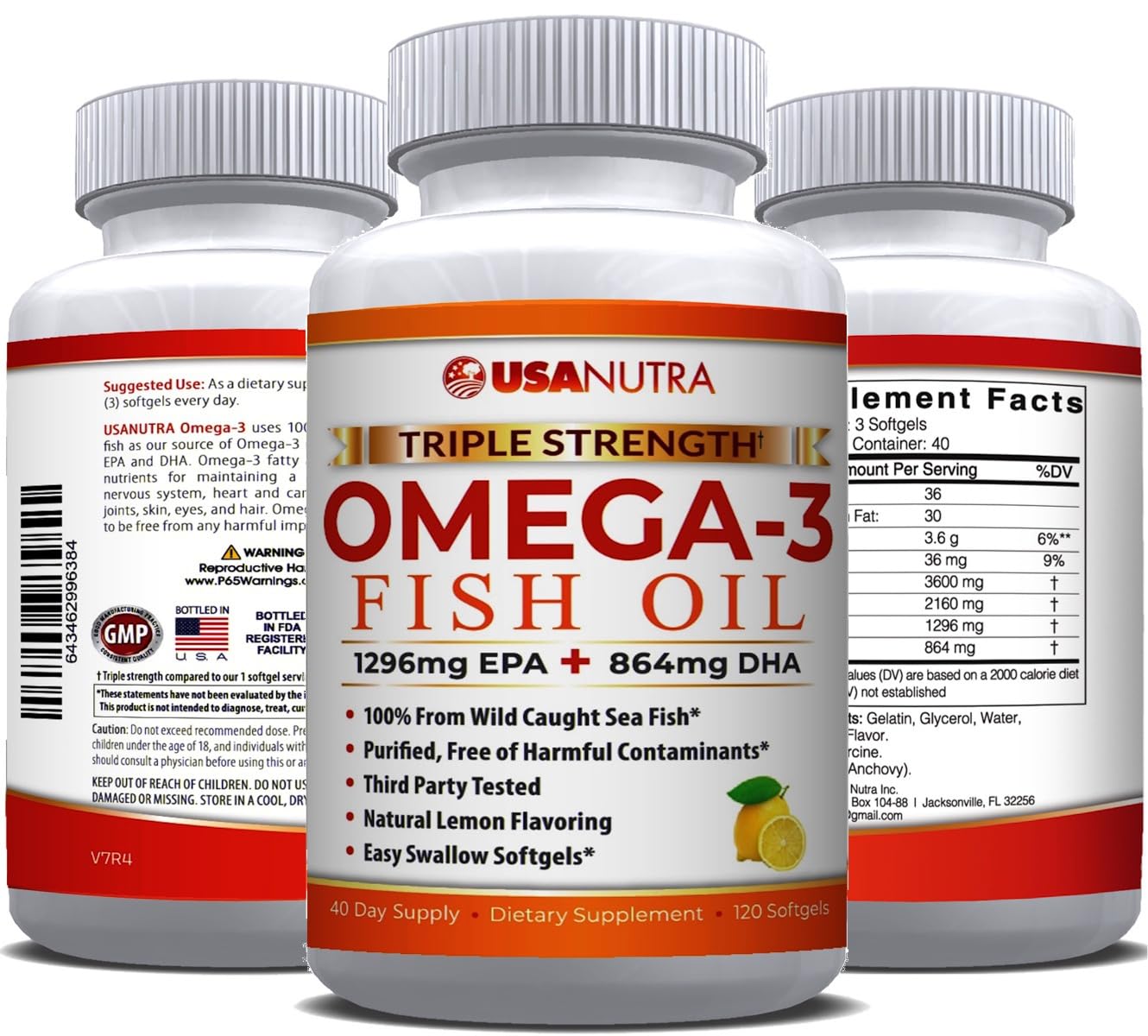 USANUTRA Omega 3 Fish Oil Supplement 3600mg with EPA and DHA Softgel, 120 Softgels