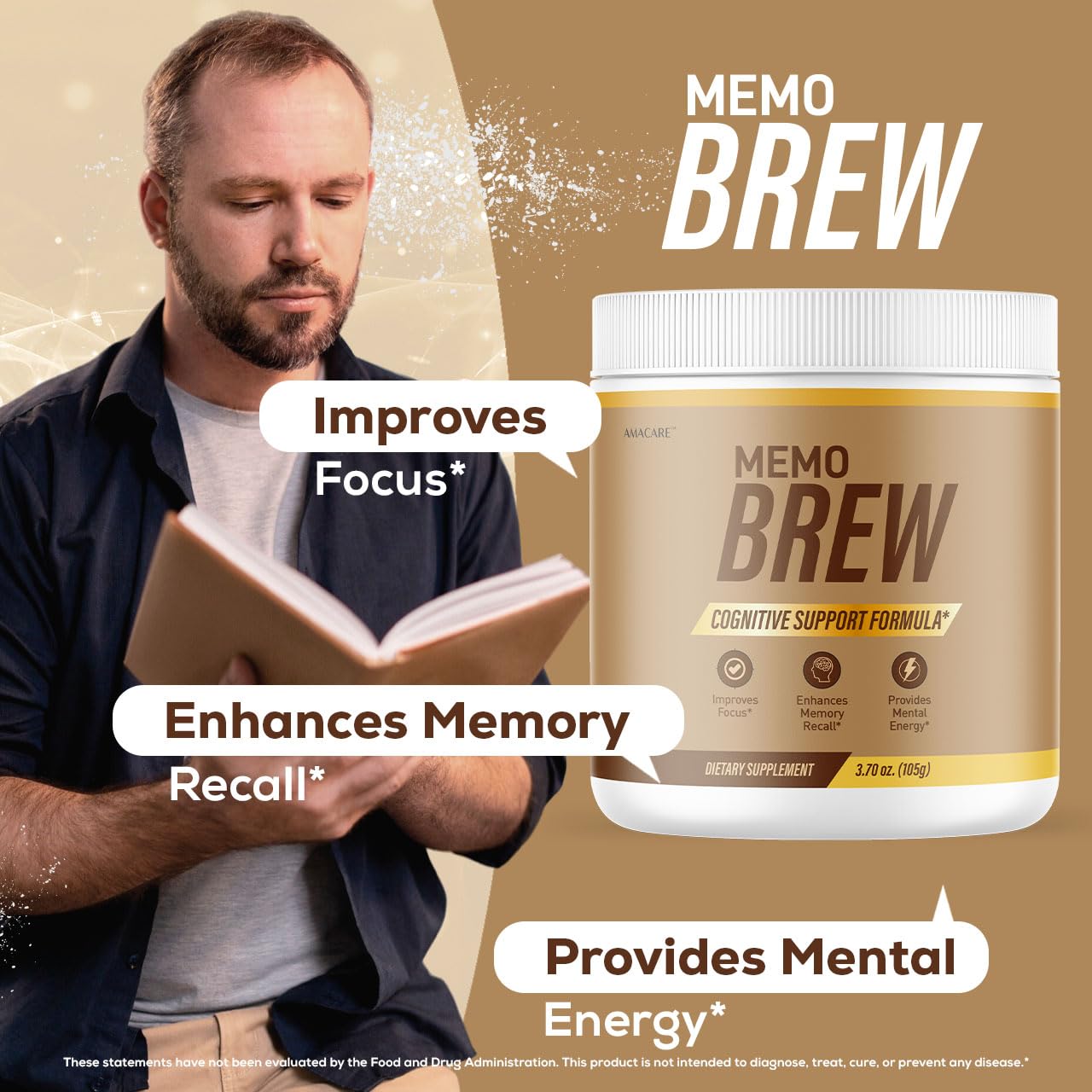 AMACARE MemoBrew Powder Advanced Memory Support Formula All Natural Ingredients Daily Vitamins Support, Powder, 12