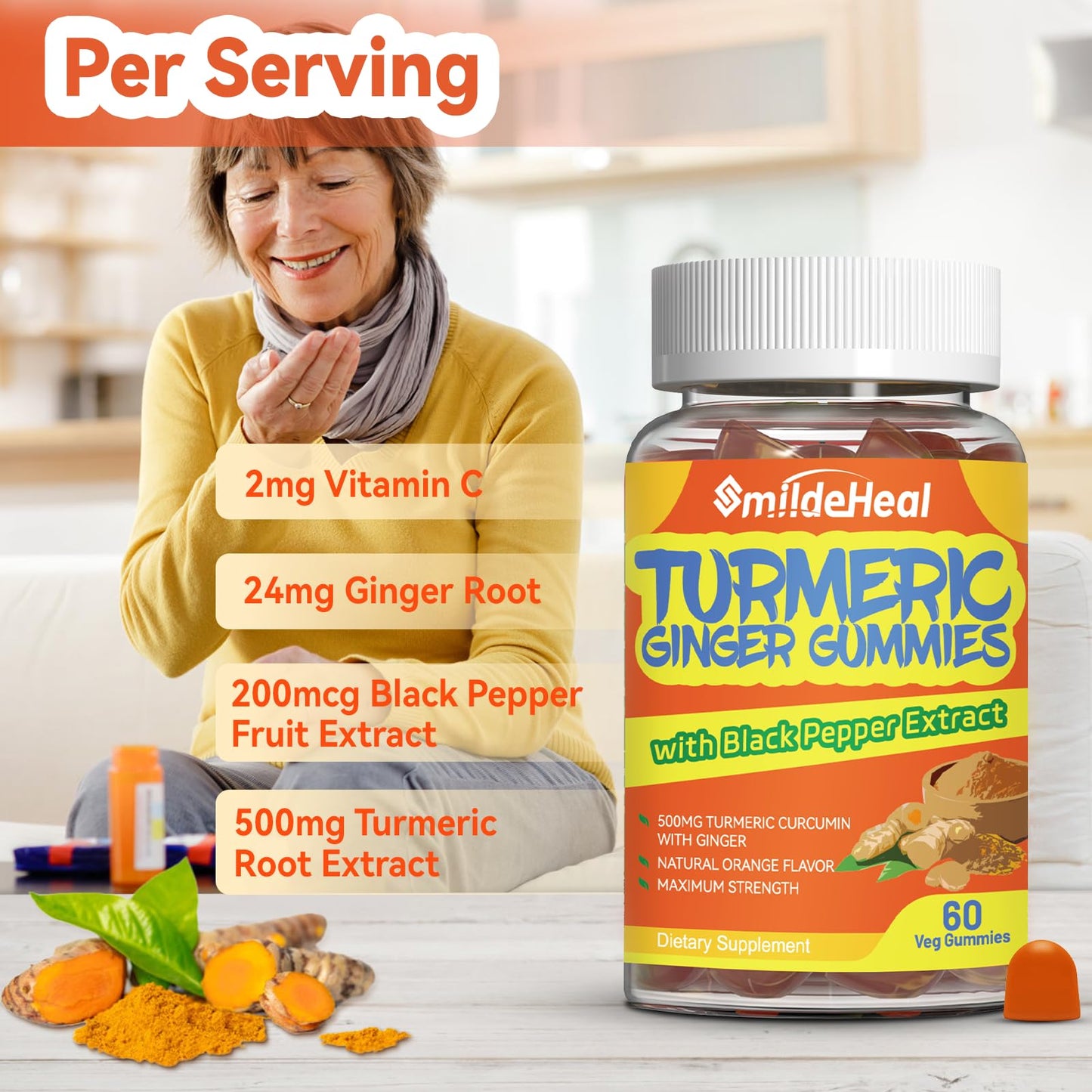 SmildeHeal Turmeric Curcumin Gummies 500mg, 120 Gummies