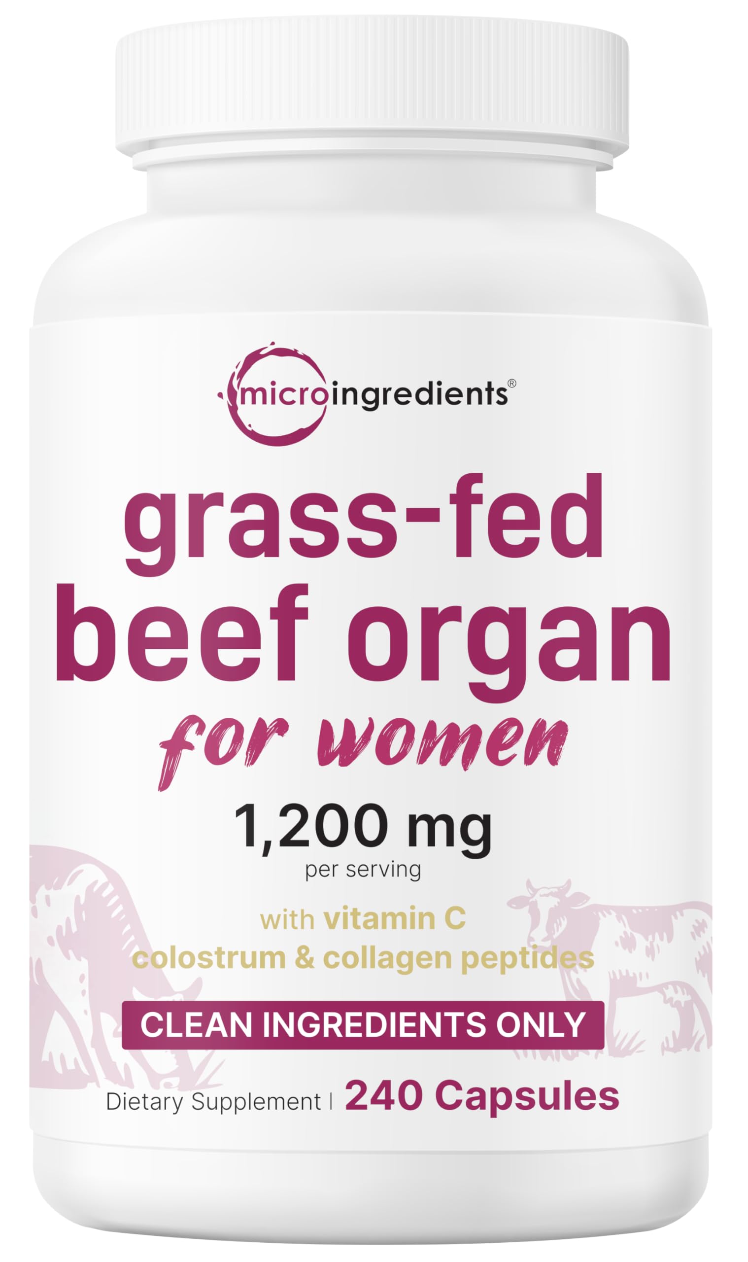 Micro Ingredients Grass-Fed Beef Organ Supplement for Women Capsules, 240 Count