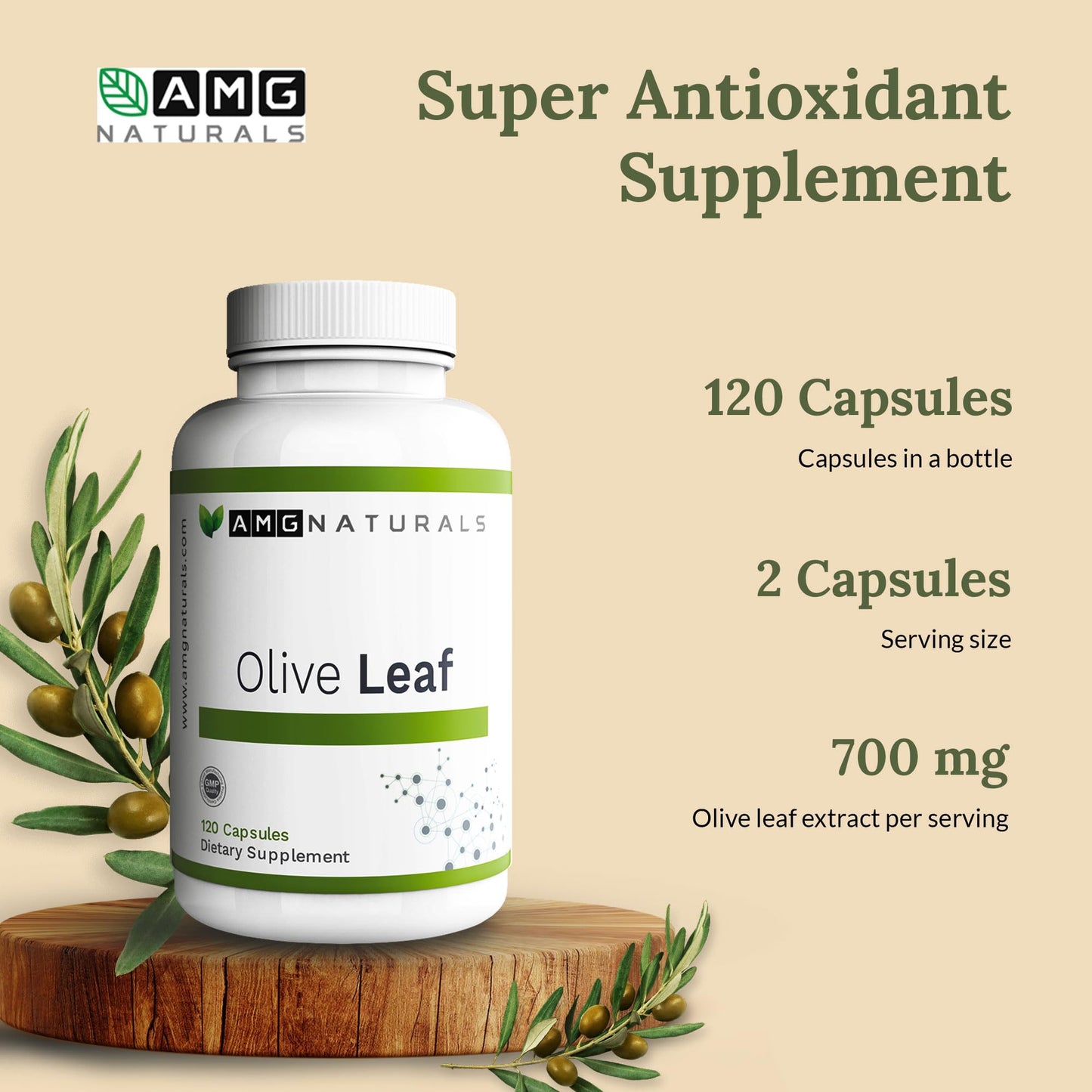 AMG Naturals Olive Leaf Capsules, 90 Count