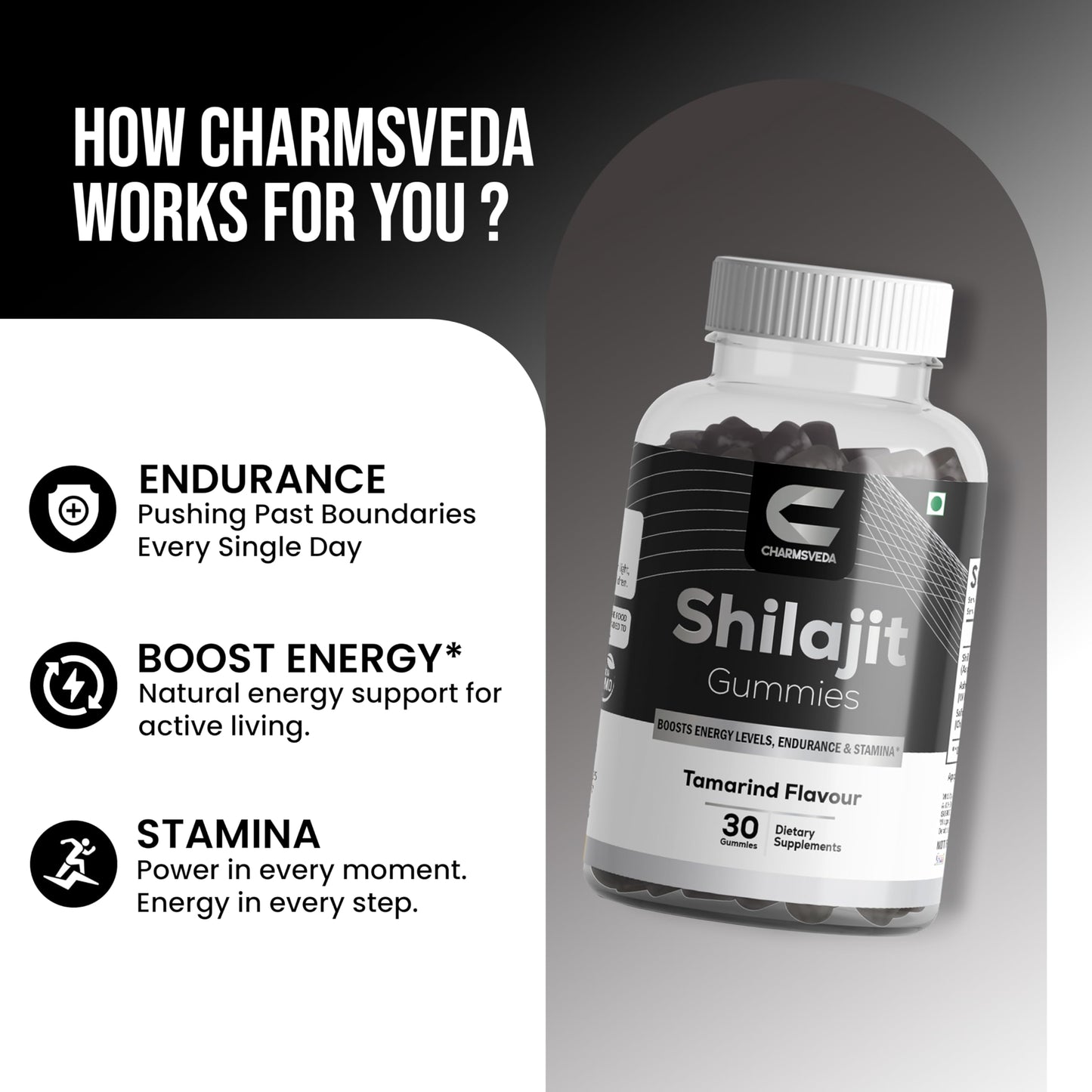 CHARMSVEDA Shilajit Gummies – Ashwagandha & Safed Musli – Tamarind Flavour Capsules, 30