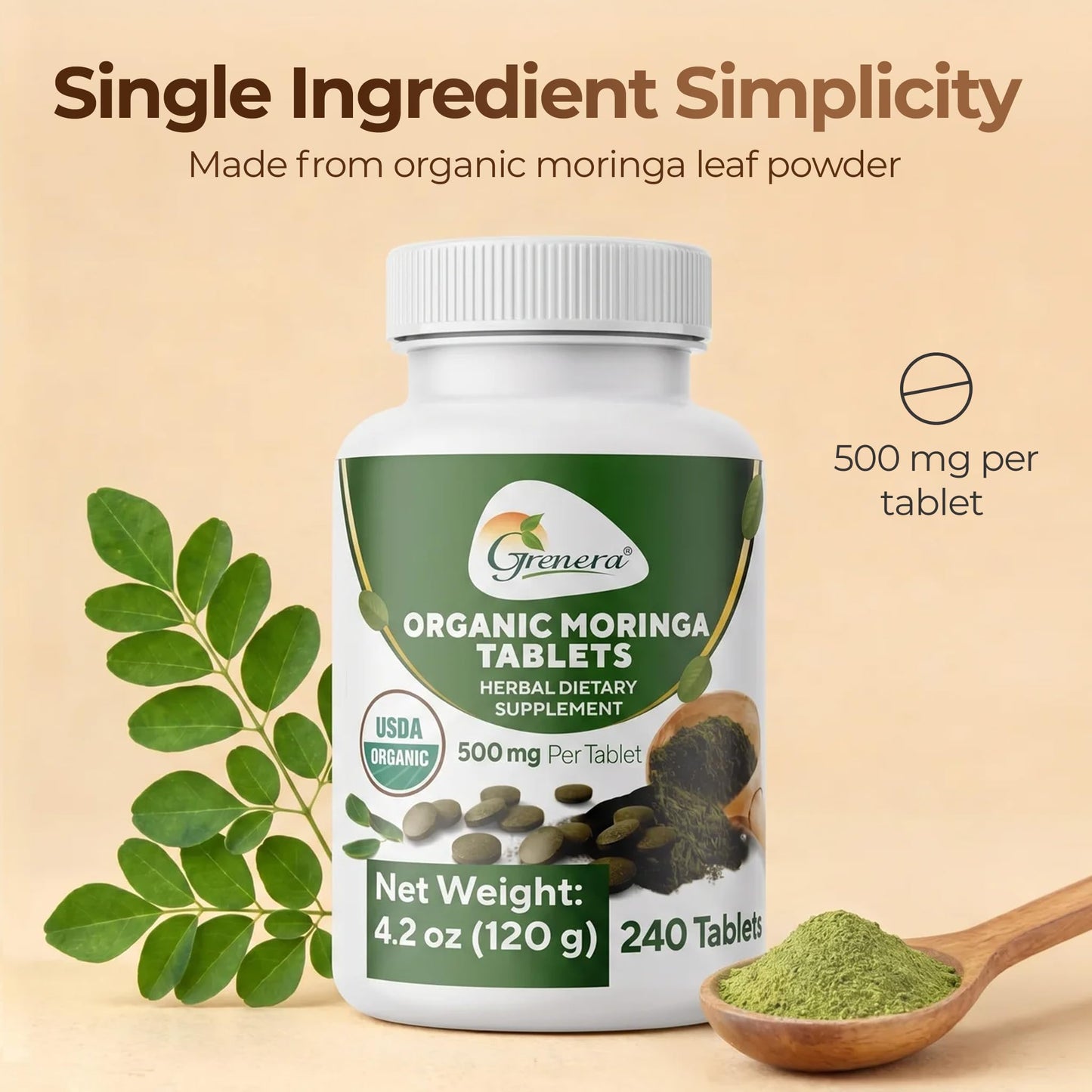 Grenera Organic Moringa 500mg Tablets, 240 Count