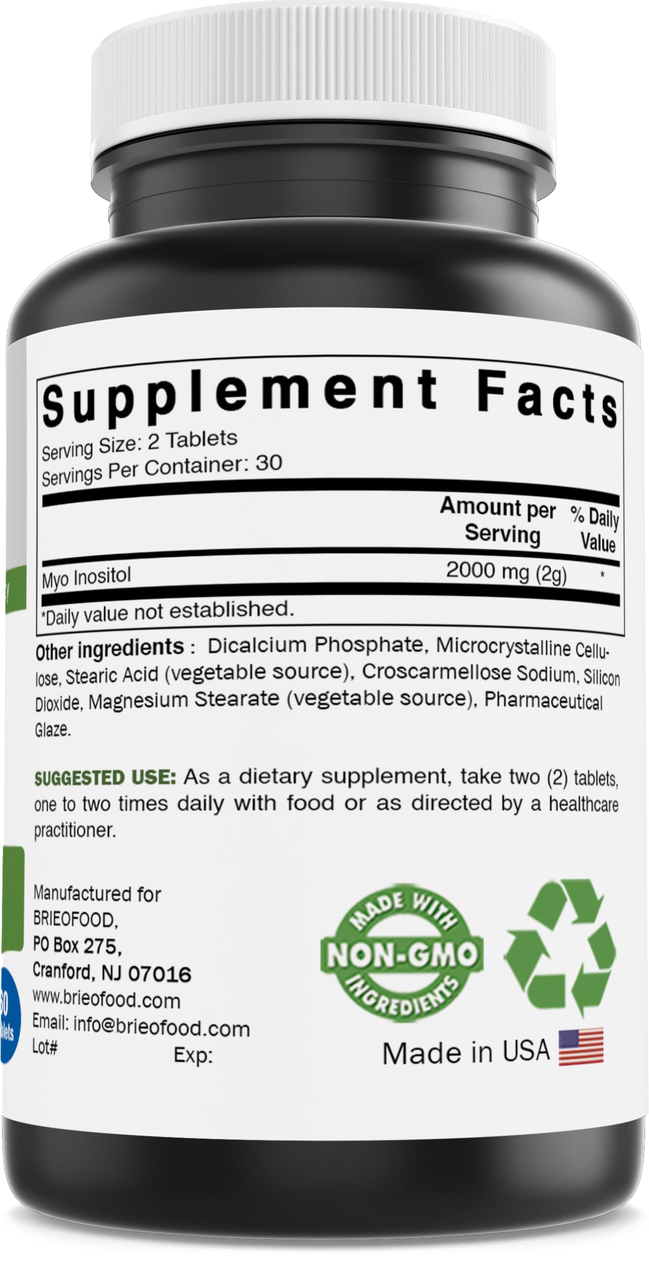 Brieofood Myo Inositol 2000 mg per Serving Tablets 60 Count