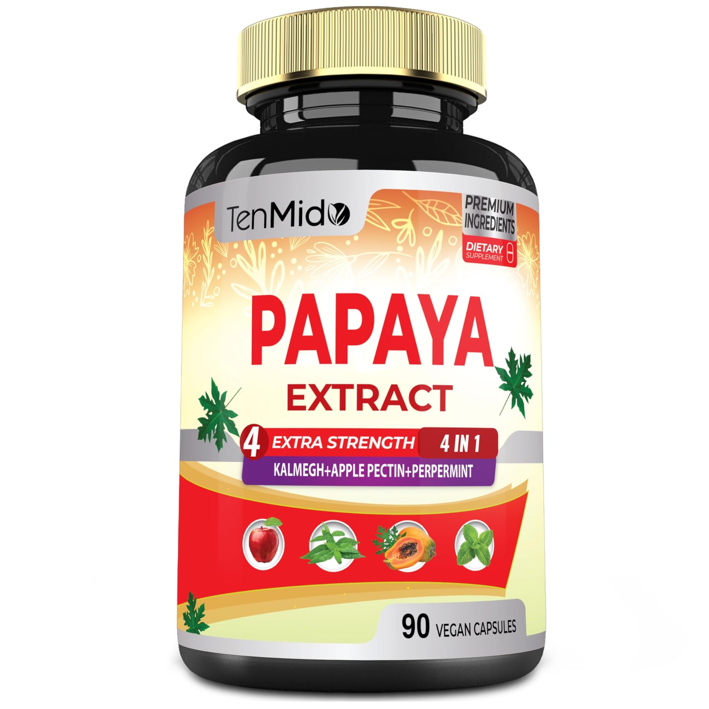 Tenmido Papaya Leaf Extract Supplements Capsules, 90 Count