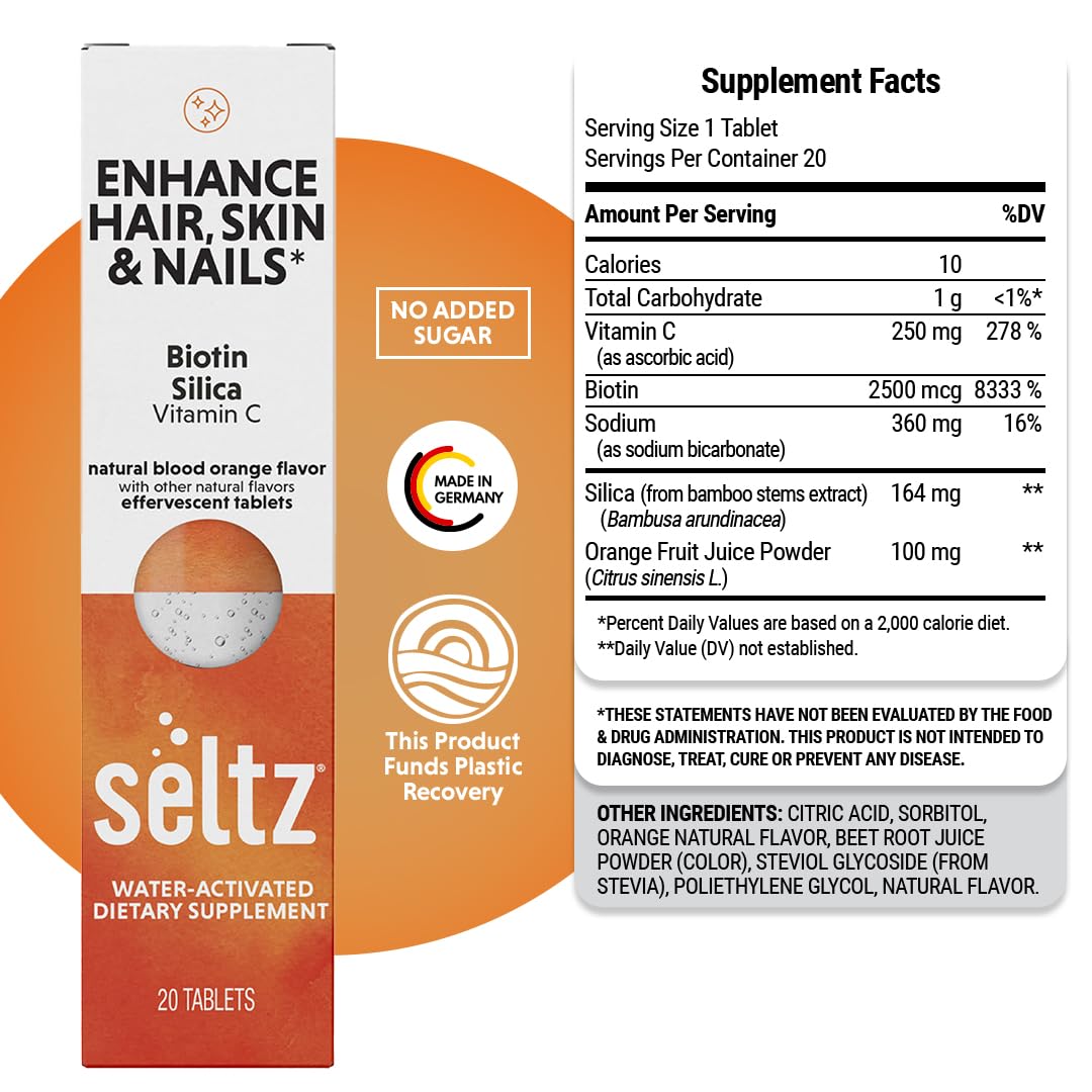 Seltz Enhance Hair, Skin & Nails – Effervescent Vitamins with Biotin, Silica & Vitamin C for Beauty & Immune Support – Blood Orange Flavor, No Sugar Added, 20 Tablets