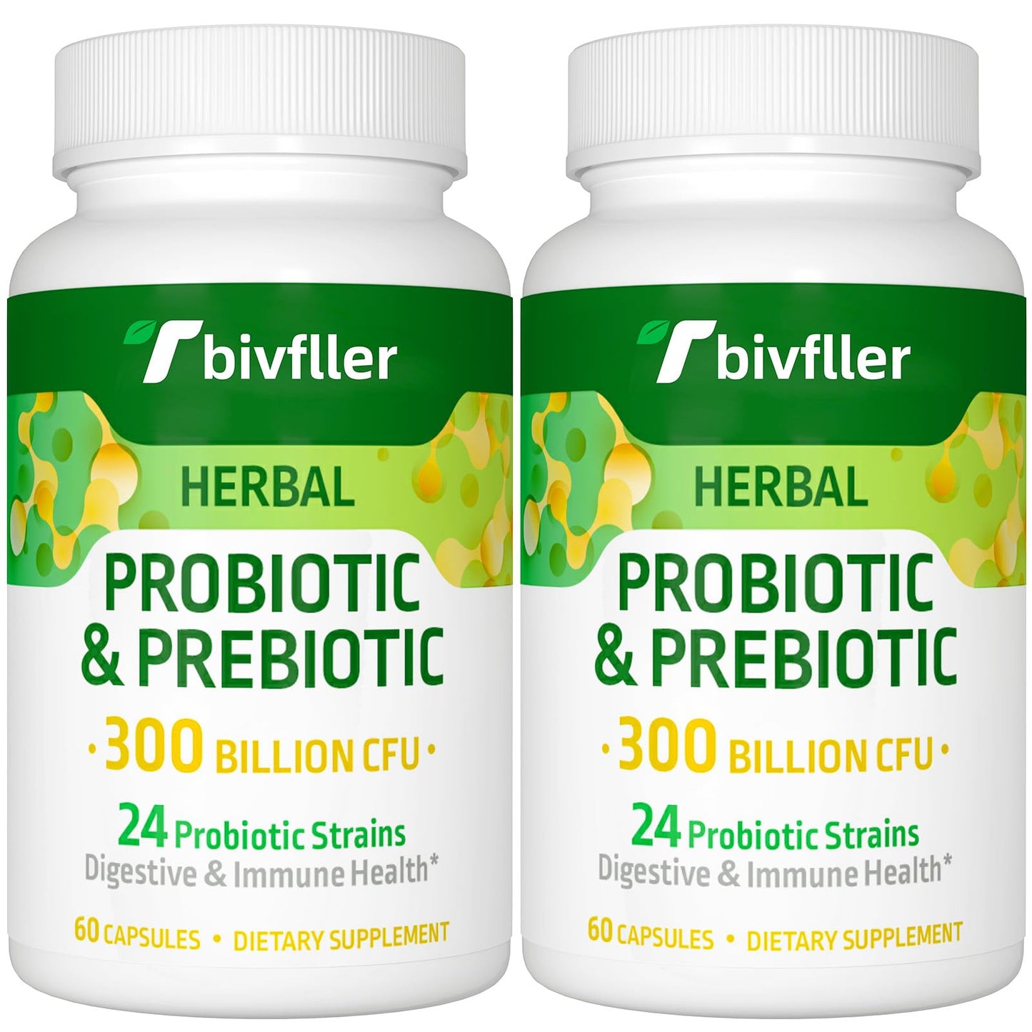 Tbivfller Probiotics for Women and Men, 300 Billion CFU, 24 Strains Probiotic + 15 Organic Herbs Prebiotics Blend, 120 Capsules