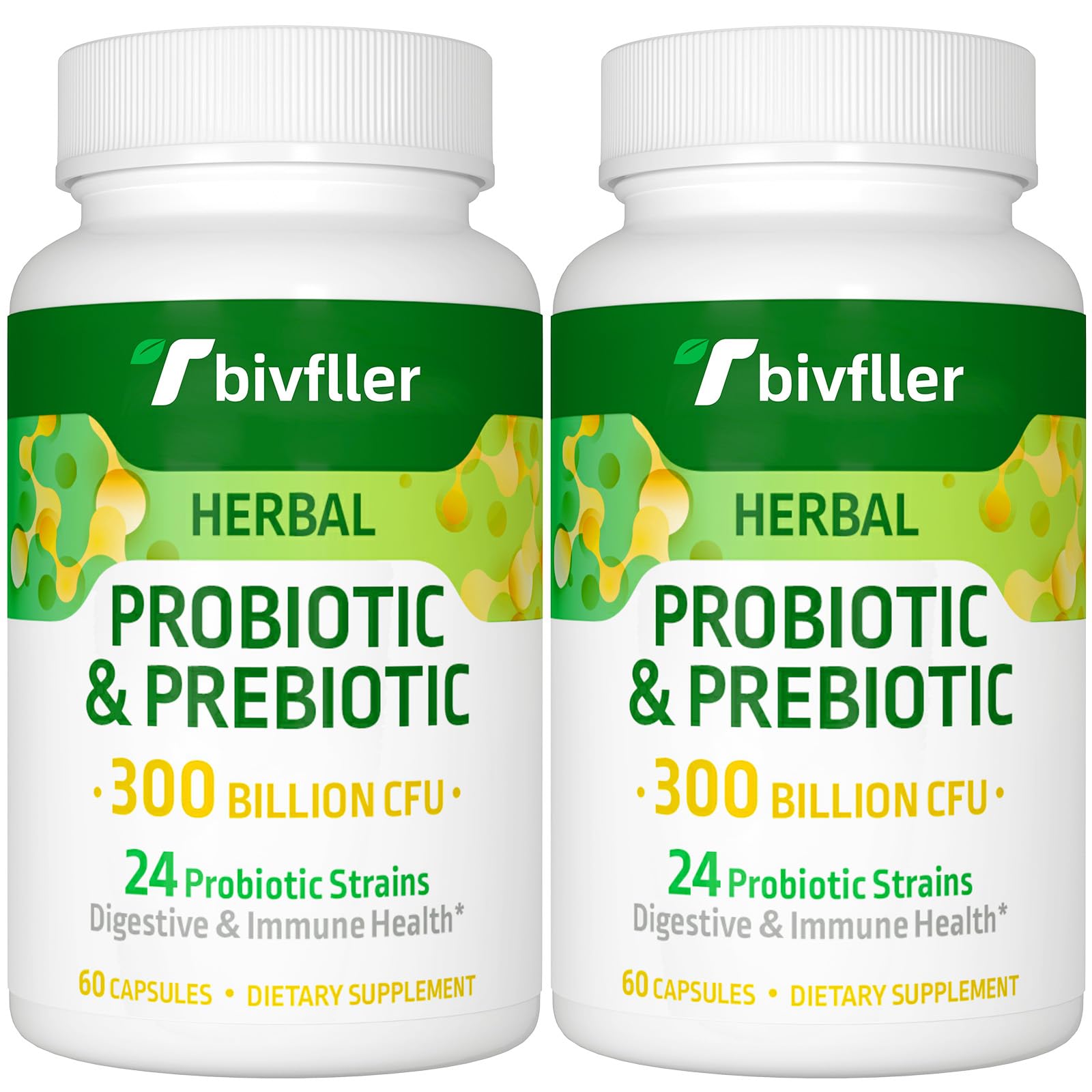 Tbivfller Probiotics for Women and Men, 300 Billion CFU, 24 Strains Probiotic + 15 Organic Herbs Prebiotics Blend, 120 Capsules