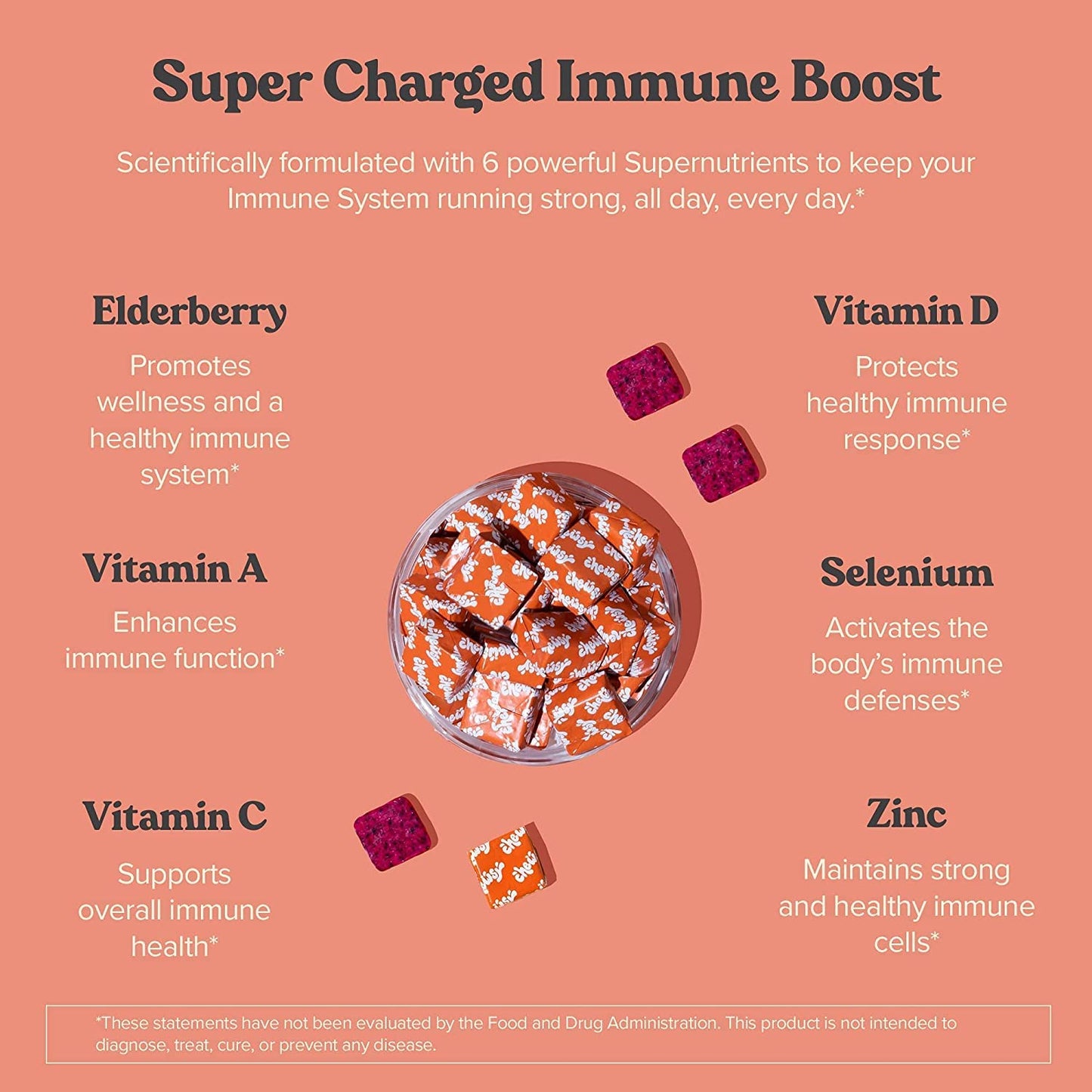 CHEWSY 6-in-1 Immune Support Fruity Chews with Elderberry - Vitamin C, A and D, Zinc and Selenium Chewable 6 Count