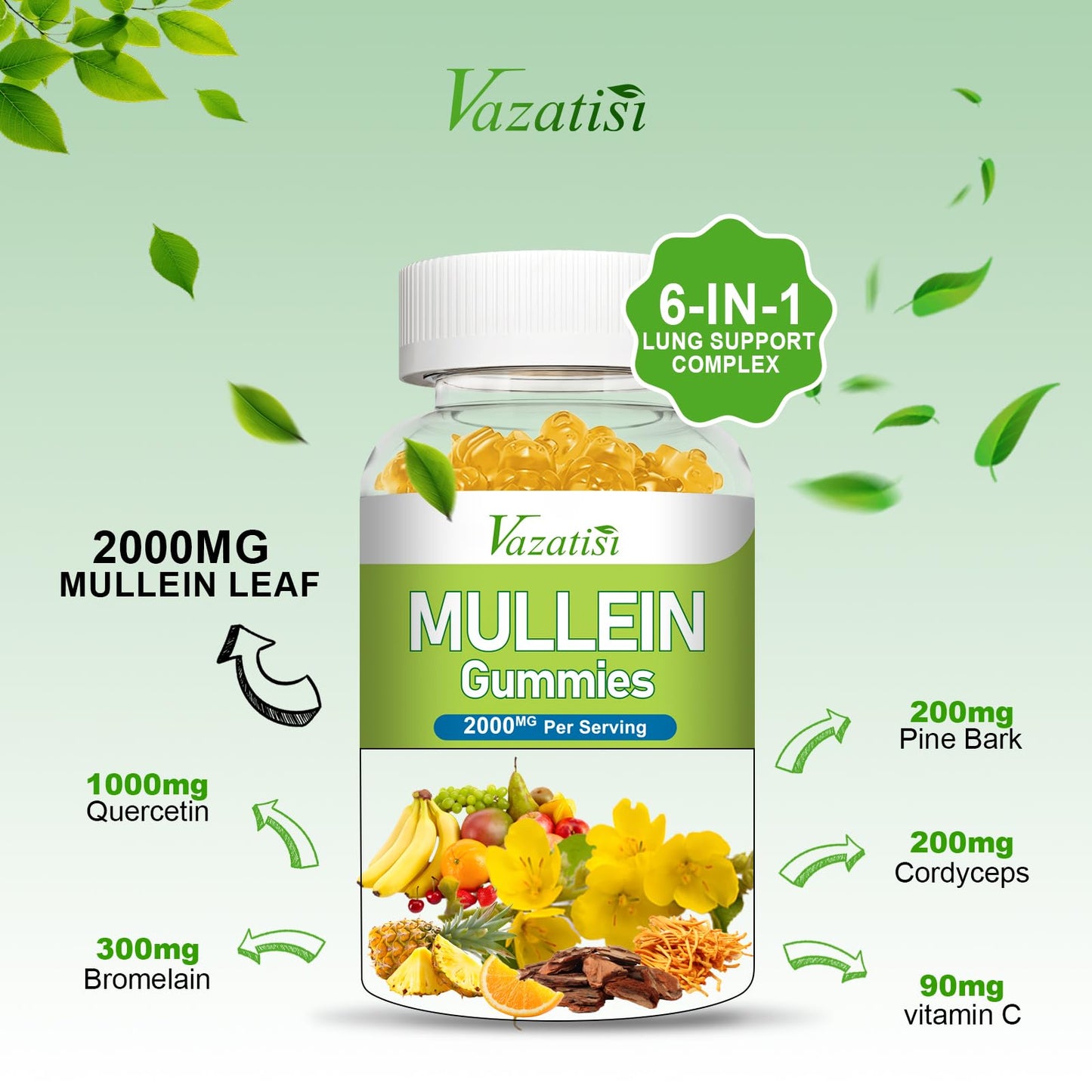 Vazatisi Mullein Gummies with Mullein Leaf Extract, Bromelain, Quercetin, Pine Bark Lung Support for Healthy Breathing, 120 Gummies