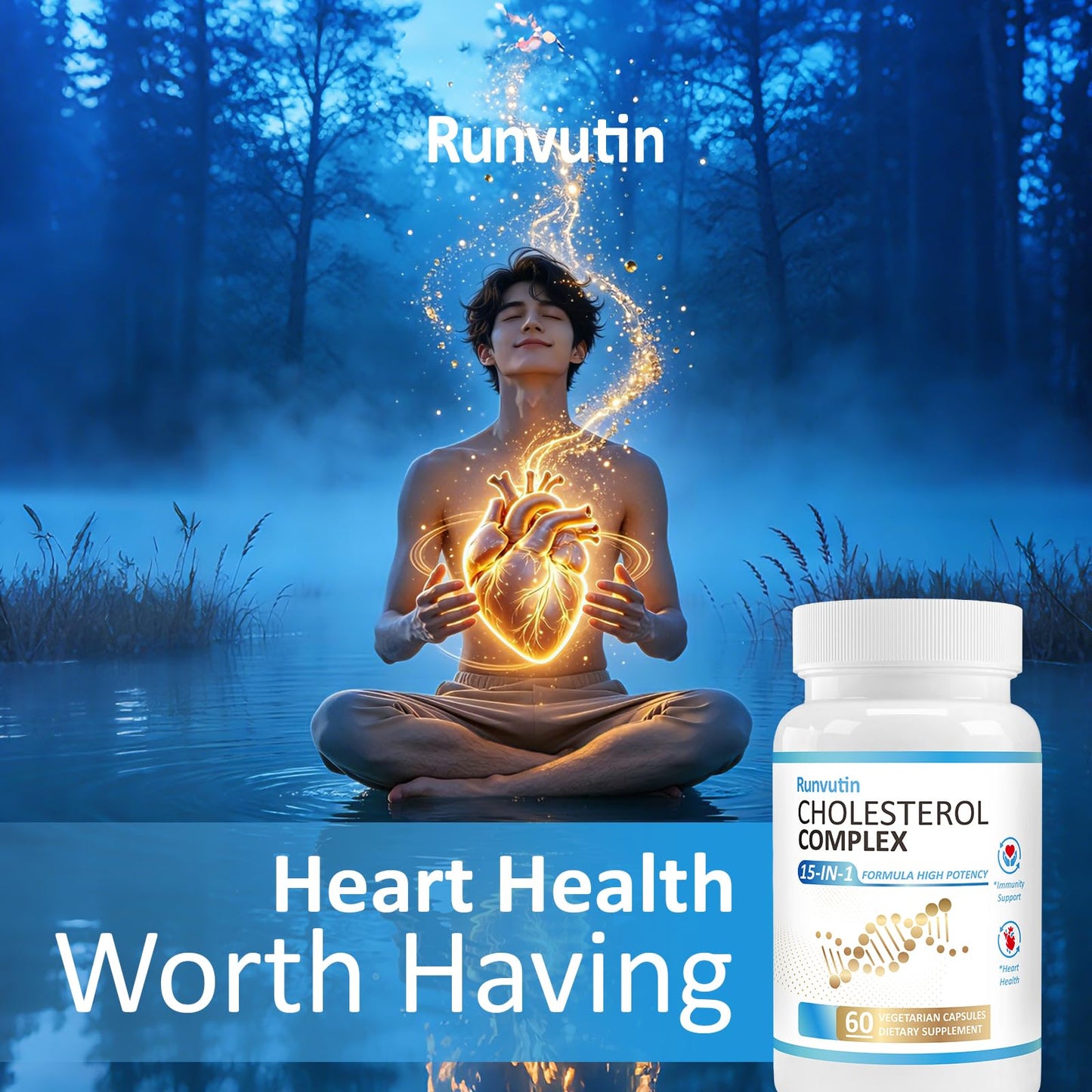 Runvutin Cholesterol-Lowering Supplements with Ashwagandha and Red Yeast Rice, Capsule, 120 Count