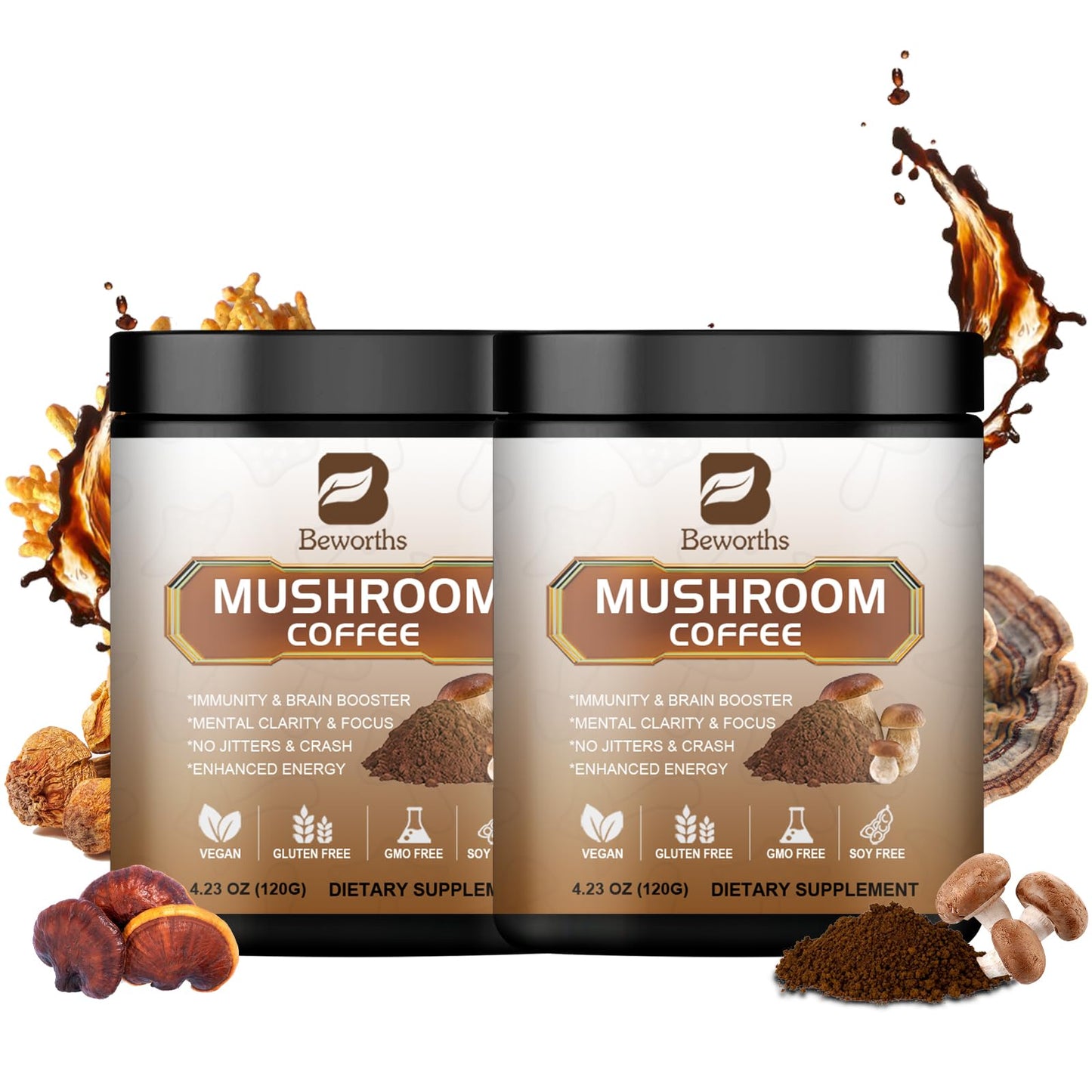 B BEWORTHS Mushroom Coffee Mix Arabica Instant Coffee Low Roast 30% Beta-Glucans Powder 8.46 Ounces